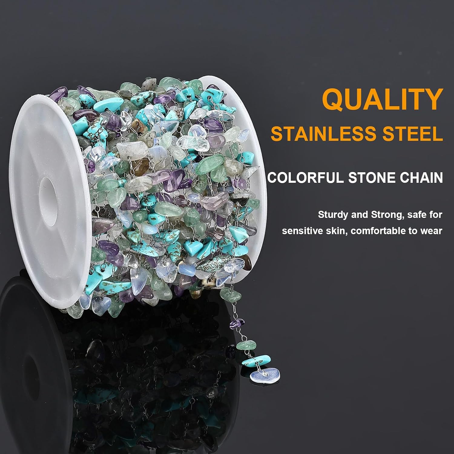 KYUNHOO 13FT/4M Silver Jewelry Making Chains on Bulk Colored Stone Link Stainless Steel Chain Irregular Gemstone Chains for Jewelry Making with Lobster Clasps and Jump Rings