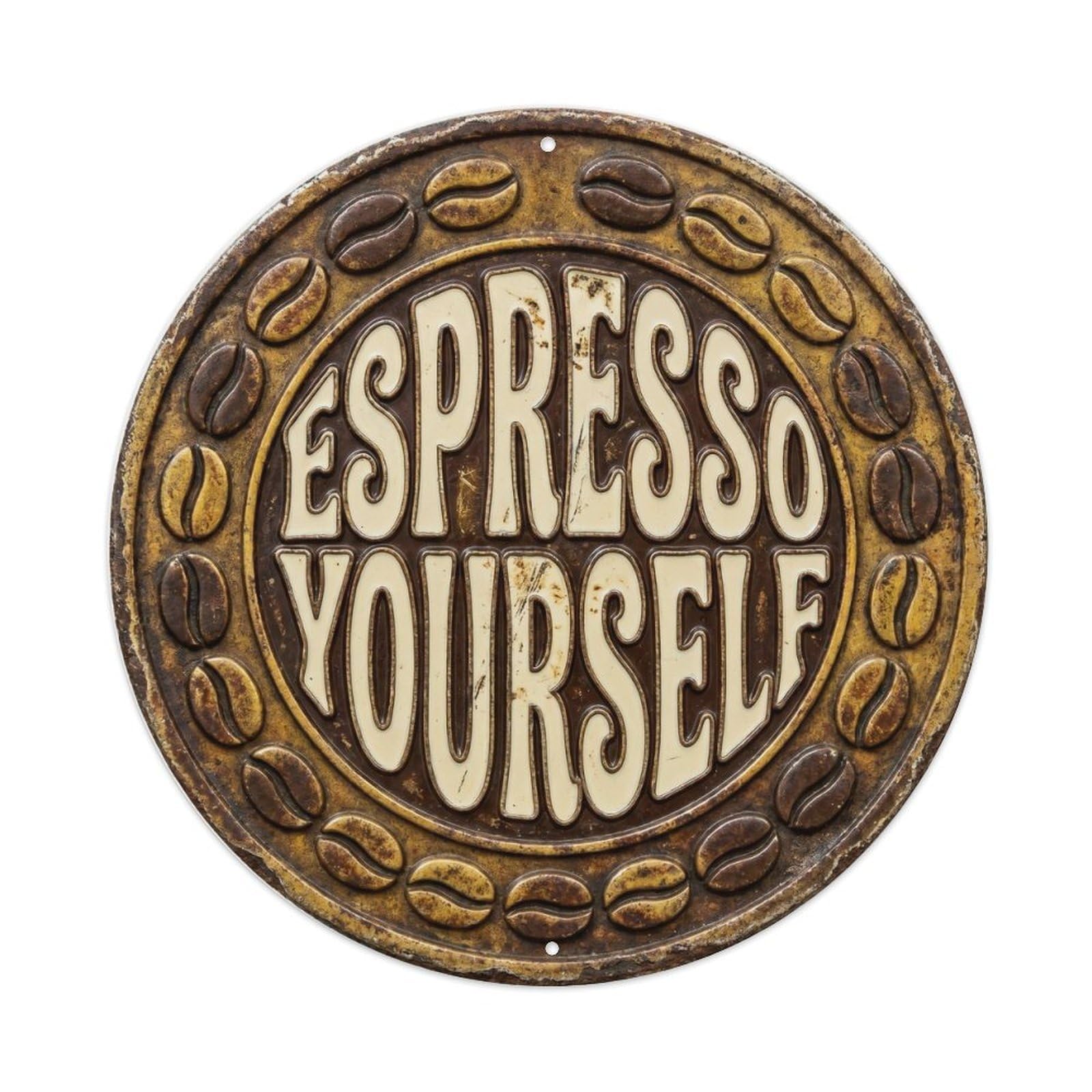 Espresso Yourself Vintage Round Wall Decor Retro Coffee Slogans 2 Metal Tin Sign Plaque Wall Decor for Cafe, Club Bar, Office, Home Garden Round Metal Poster 8x8Inch