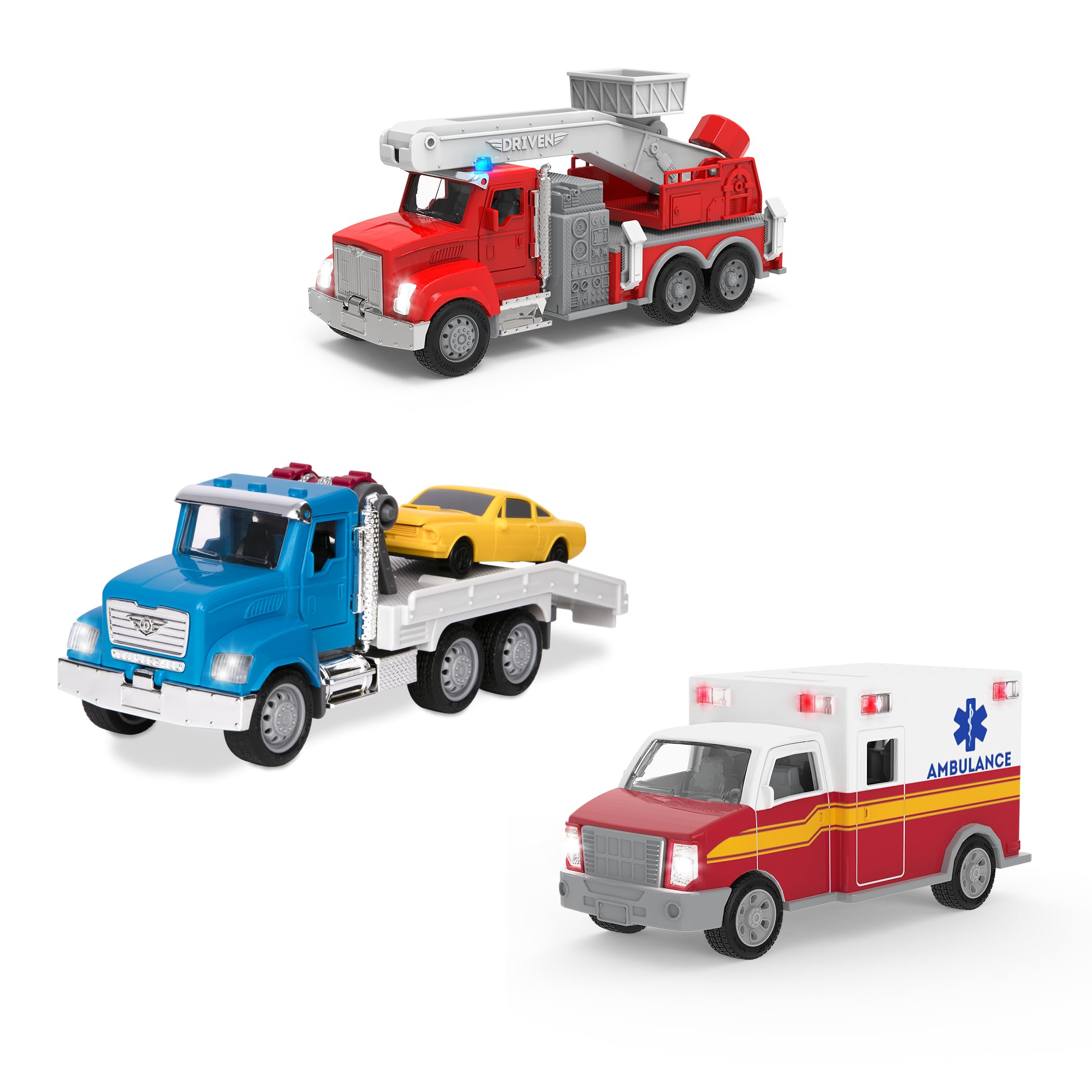 DRIVEN by Battat - Flota de microemergencias - Juego de vehículos de juguete de emergencia para niños - Camión de bomberos de juguete con grúa - 3 años +