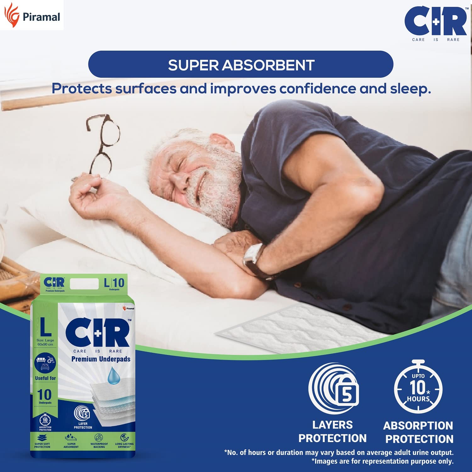 CIR Premium Underpads, Large (90x60cm) I 10 hrs Absorption Protection I 10 Units I Waterproof I Protects Surfaces from Incontinence I Super Soft Polymer x Pack of 6 - Image 2 thumbnail
