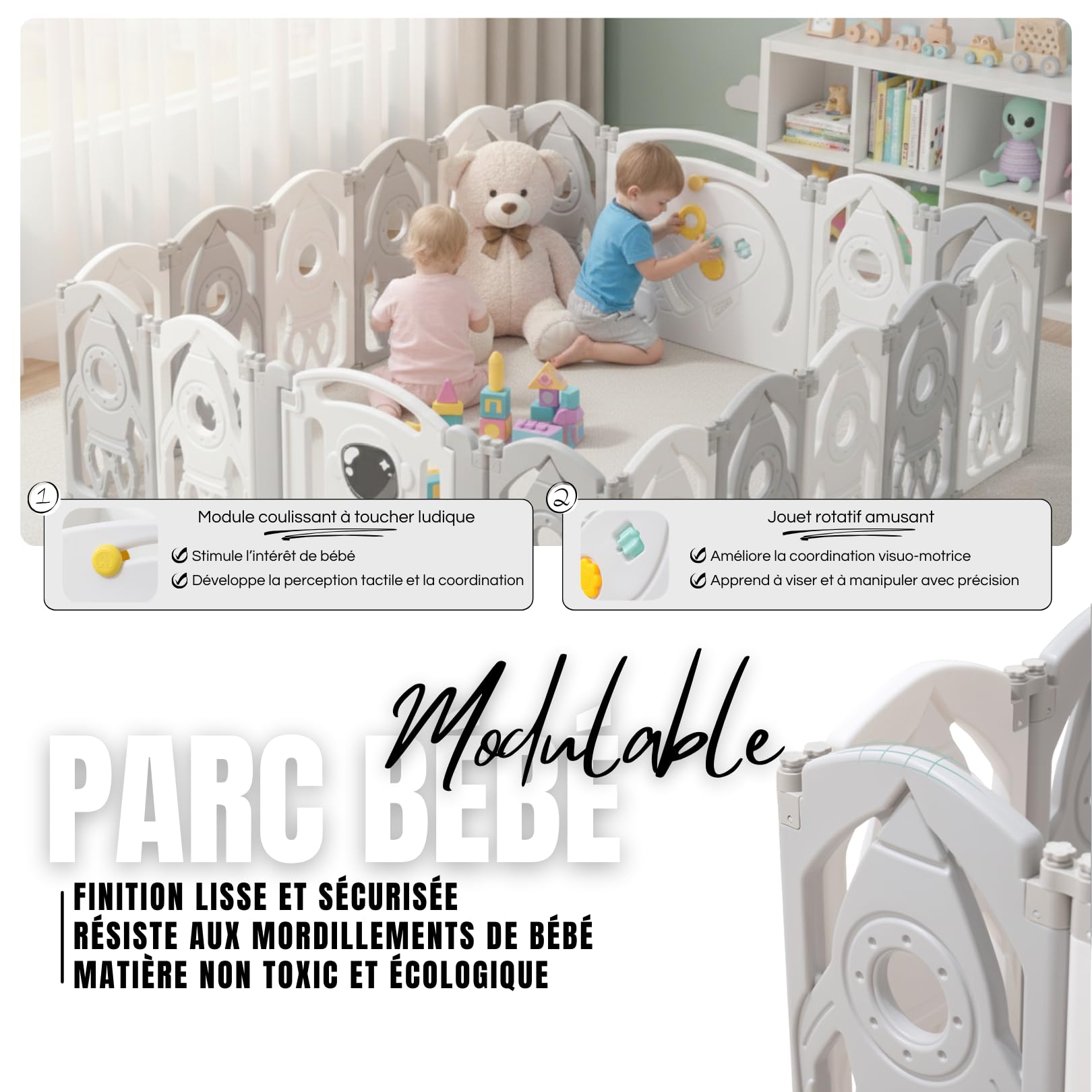 Parc Bébé Modulable 145x145 CM – Entreprise Française - Grand Parc Bébé Pliable Gris et Blanc – Aire de Jeu Sécurisée pour Enfant – Parc Modulable Bébé Évolutif – Parc Facile à Installer
