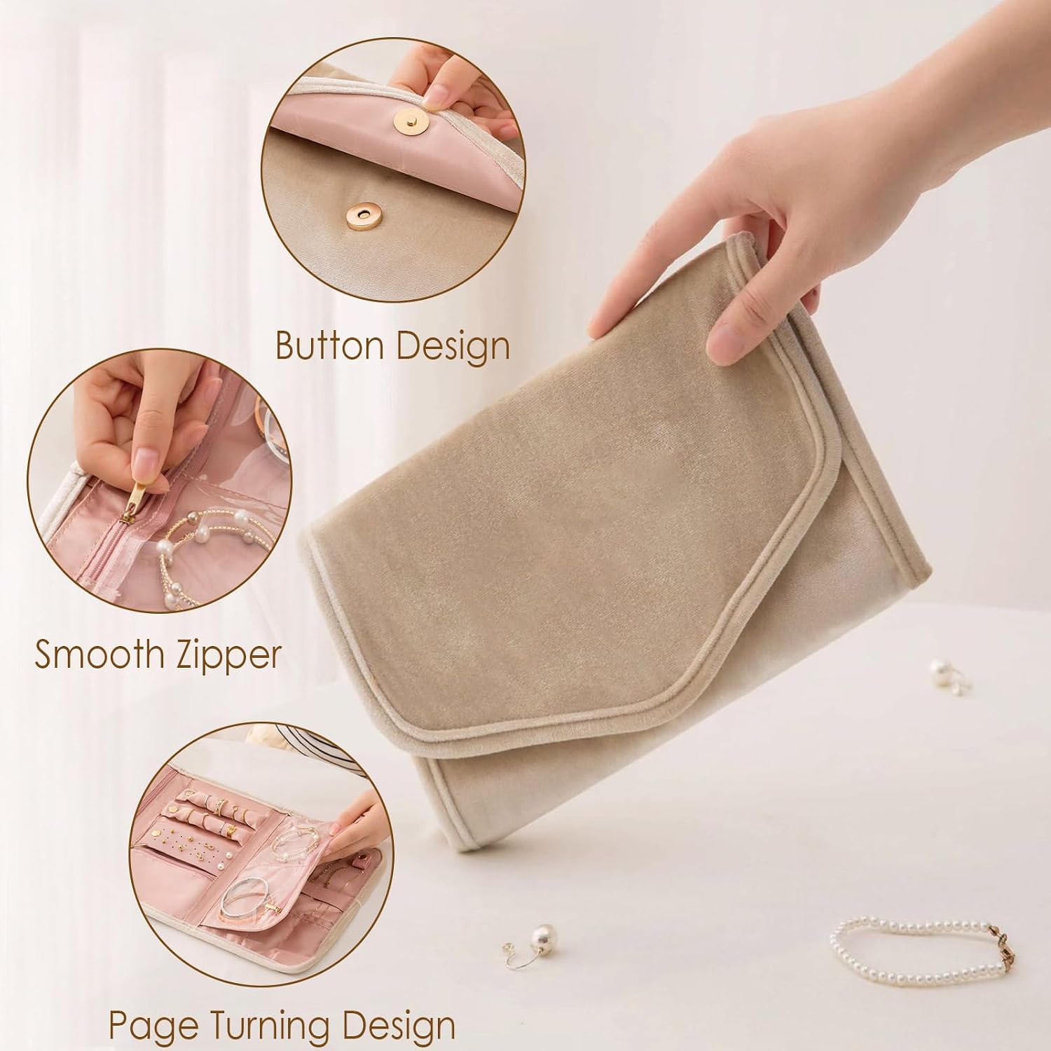 Travel Jewelry Organizer, Foldable Jewelry Roll for Rings, Necklaces, Earrings, Bracelets – Compact Travel Storage (Off-white)