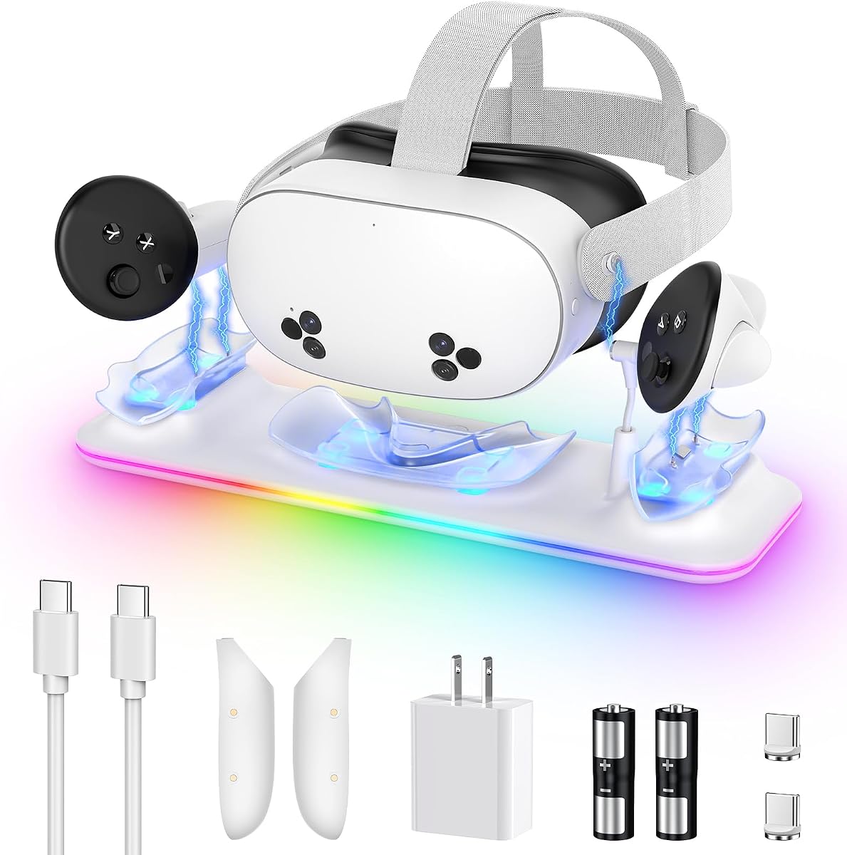 Base de carga VR de 18 W para auriculares y controlador Meta Quest 3S/Quest 3 | Soporte de estación de carga VR magnético rápido para accesorios Oculus 3S/3, luz RGB, 2 baterías recargables y cubiertas de controlador