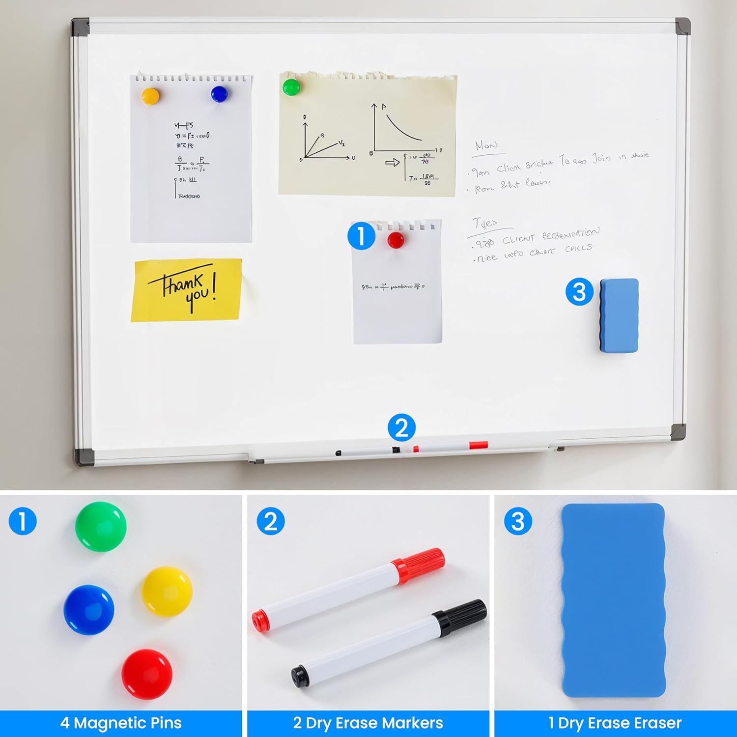 HealSmart 36"×24" Magnetic Whiteboard, Wall-Mounted Dry Erase White Board with Eraser, 2 Multicolor Markers & 4 Magnetic Pins for Home, School, Office