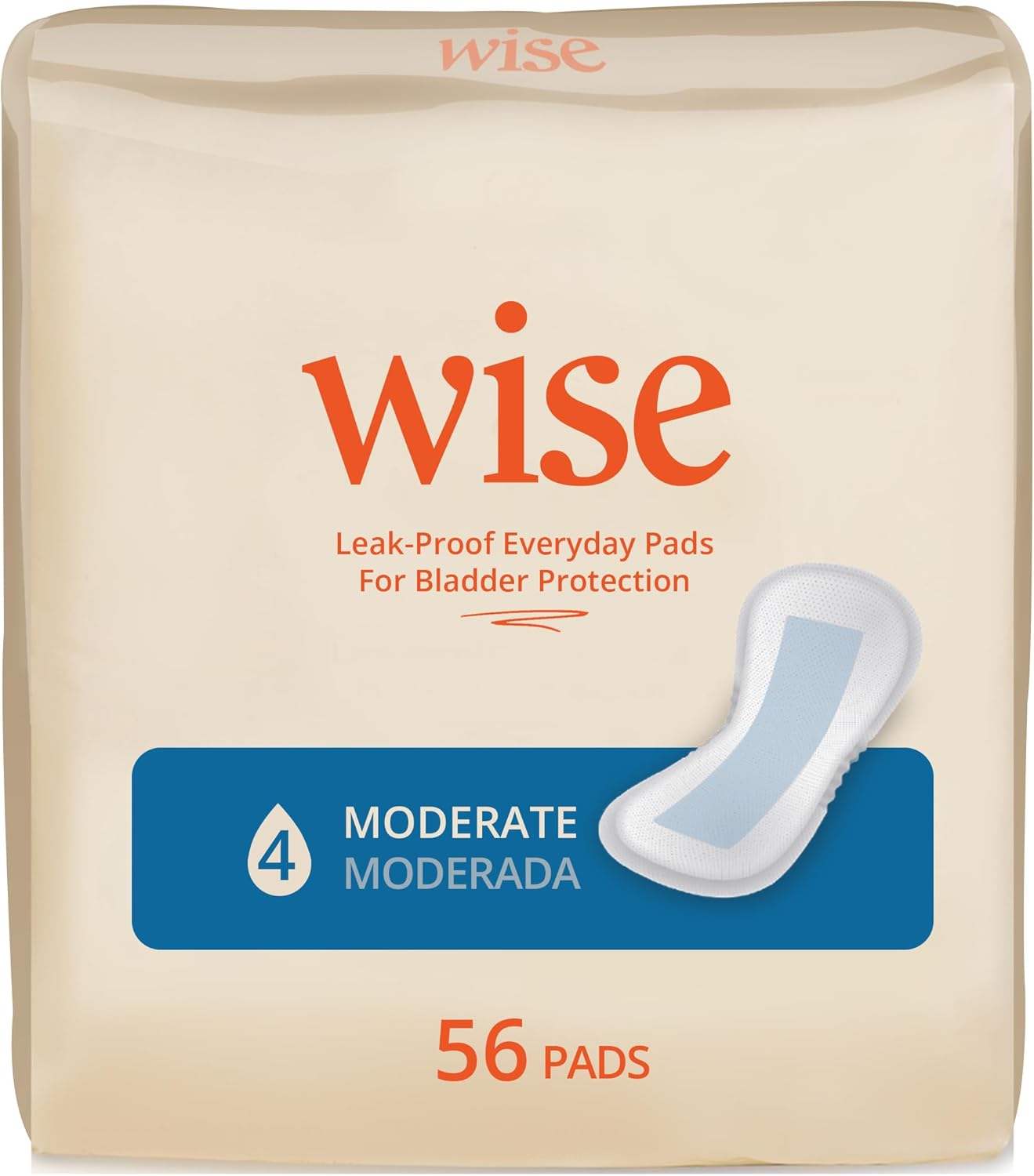 Wise Incontinence Pads for Women Moderate Absorbency, Bladder Leakage & Odor Control Liner Pad, Regular Length, 56 Counts (2 Pack of 28) Wise Incontinence Pads for Women Moderate Absorbency, Bladder Leakage & Odor Control Liner Pad, Regular Length, 56 Counts (2 Pack of 28)