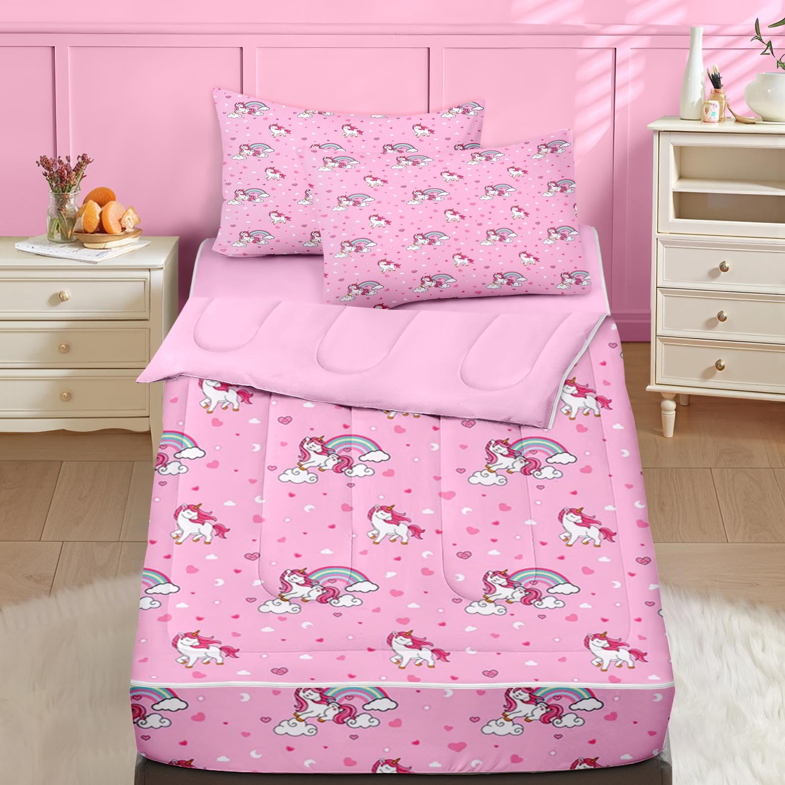 Nesker Zipper Bedding Twin Cute Pink Unicorn Zip Up Bedding Set for Girls and Kids, Cartoon Rainbow 3 Pcs Comforter Bed in a Bag with Fitted Sheet and