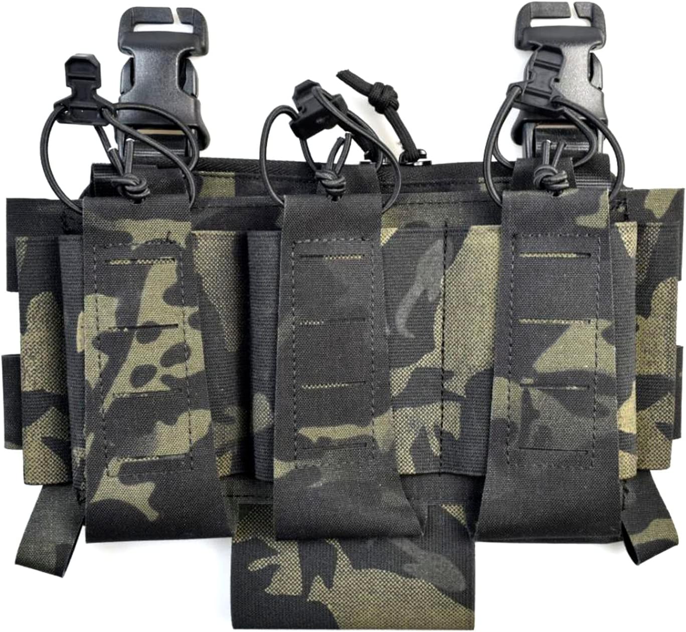 Elastic Triple Mag Pouch Tactical Magazine Pouch with Utility Pouch Hook-and-Loop Zipper Pouch for Rifle Magazines & Pistol Magazines (Black camo)