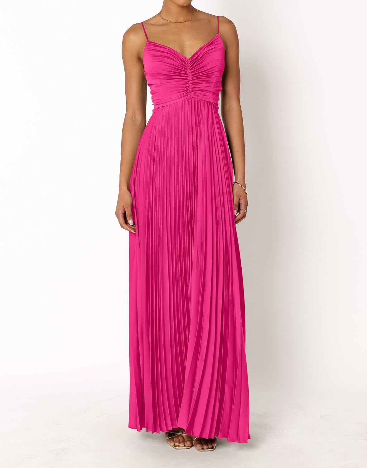 LASPIA Women's Summer Pleated Dress A-Line Floral Adjustable Spaghetti Strap Maxi Solid Dresses Hot Pink - Image 3