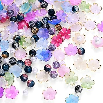 320PCS Assorted Acrylic Beads Kit, 100 Pearl Bead, 120 Colorful Glass Crackle Beads, 100 Acrylic Flower Bead for Jewelry Making, DIY Crafts, Bracelets, Necklaces, Earrings, Keychains & Crafts