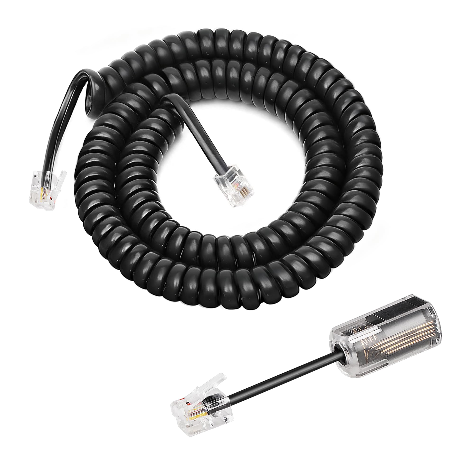 Uvital Telephone Handset Cord Detangler, 1 Pack Landline Handset Cord Cable 8Ft Uncoiled(1.2 Ft Coiled) and 1 Pack Anti-Tangle Telephone Cords Untangler 360 Degree Rotating Swivel Cords(Black)