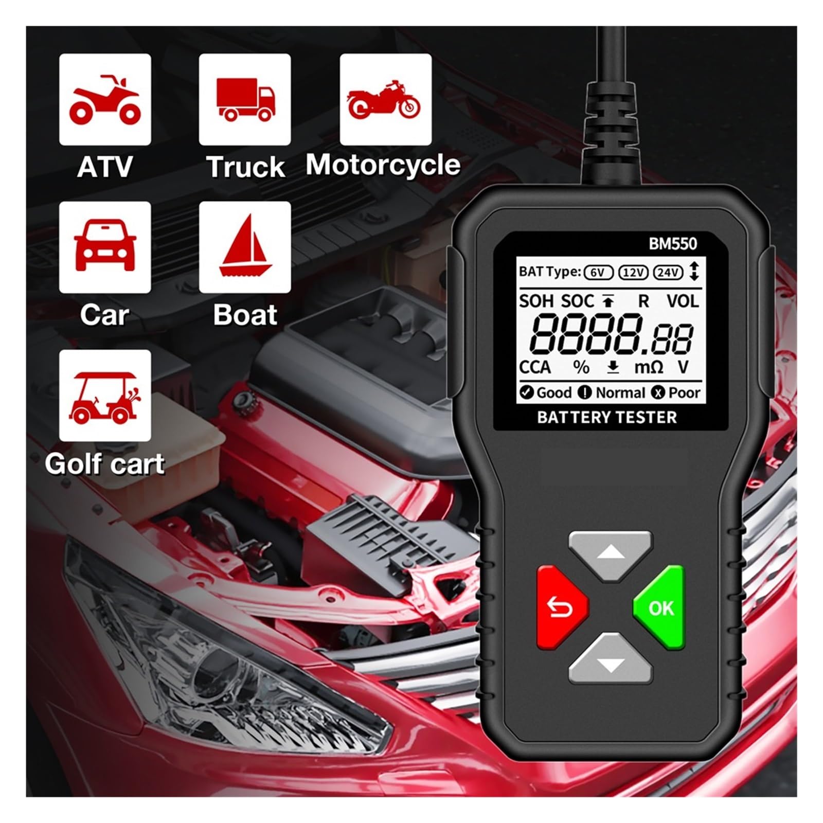 Tester Akumulatora Samochodowego 6V 12V 24V 100-2000 System Akumulatora CCA Wykrywa Analizator Akumulatora Samochodowego Narzędzie Do Akumulatora Samochodowego Profesjonalne Narzędzie Diagnostyczne