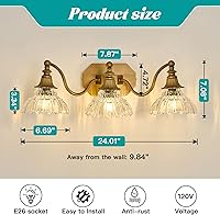 Vista 2 de Vintage Bathroom Light Fixture Brushed Gold Vanity Light with Crystal Glass Shade Antique Brass 3 Light Bathroom Light Over Mirror