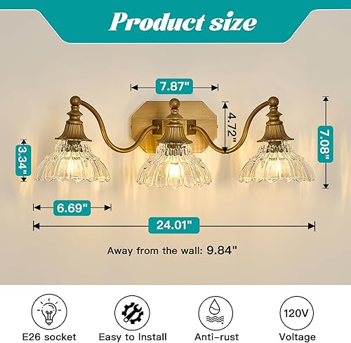 Miniatura 2 de Vintage Bathroom Light Fixture Brushed Gold Vanity Light with Crystal Glass Shade Antique Brass 3 Light Bathroom Light Over Mirror