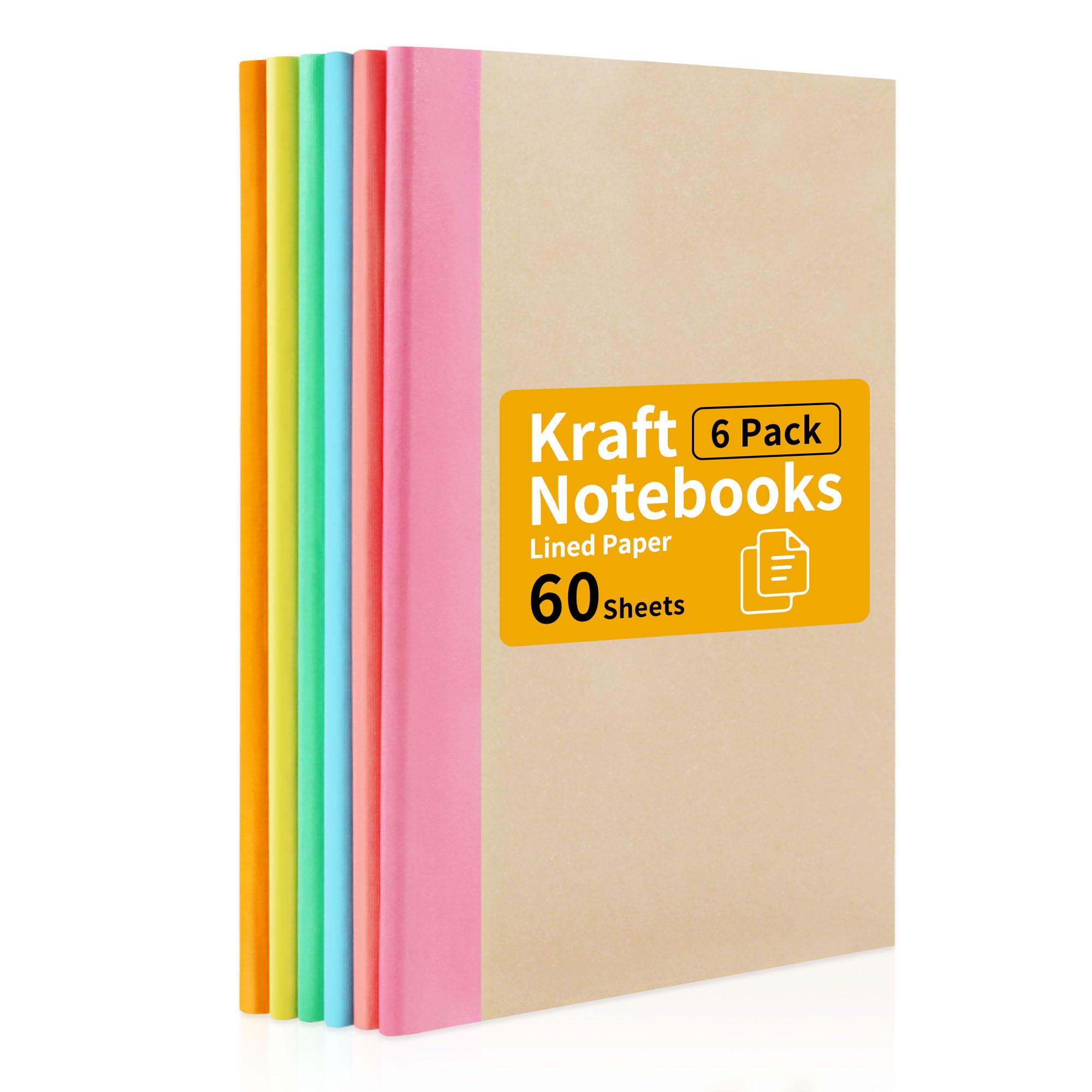 SUNEE 6 Pack Kraft Notebook Journals, Composition Notebooks Bulk, 5.75" x 8.25", 60 Sheet per book with Rainbow Spine, A5 Lined Page, 6 Color, Pastel Notebooks for School, Home&Office,Writing Journal