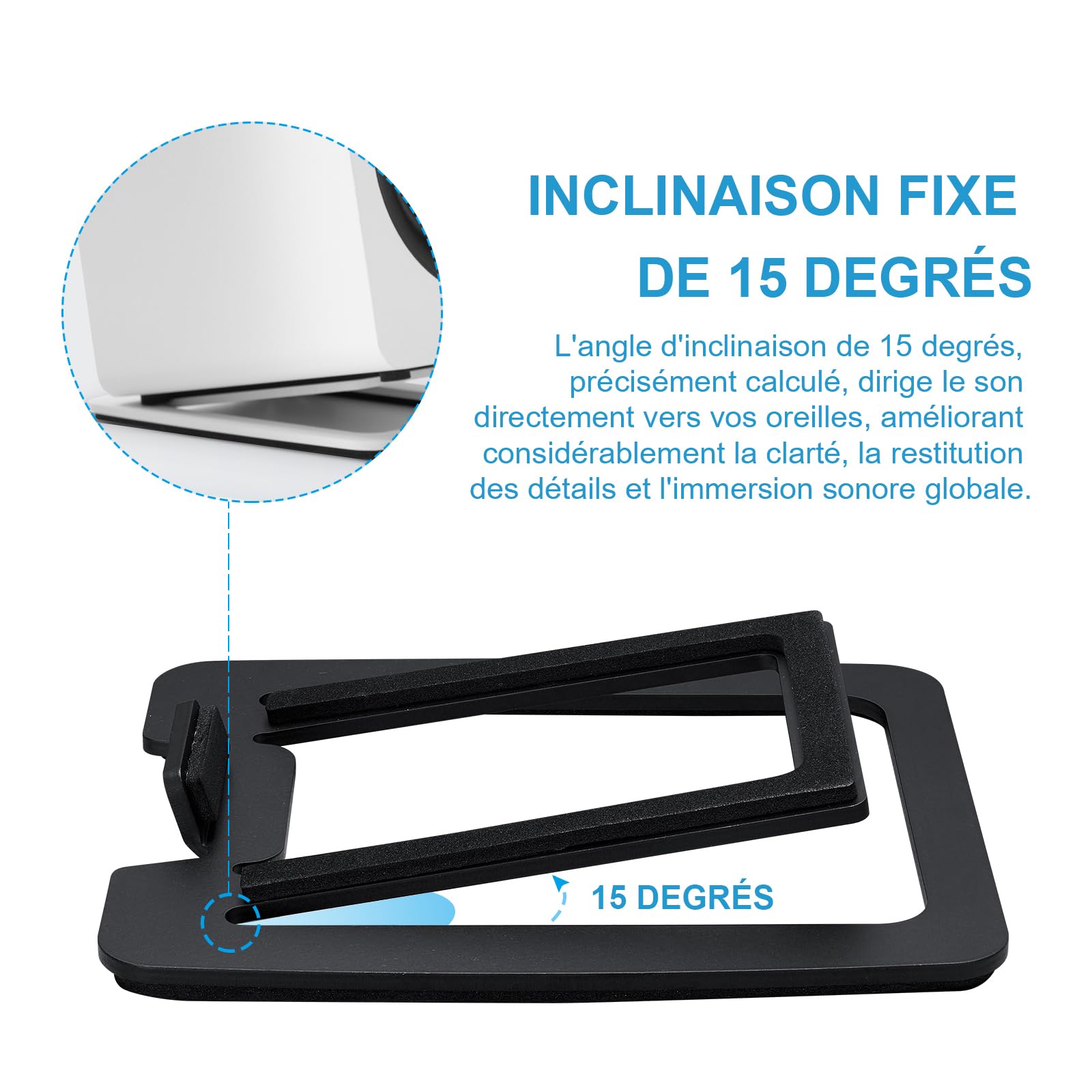 Sanyun SW601 Supports d'enceintes de Bureau inclinés à 15° pour Enceintes compactes 2''-3'' d'ordinateur, de PC, de bibliothèque et - Base en Acier et Rembourrage en Mousse amortissante (Paire, Noir)
