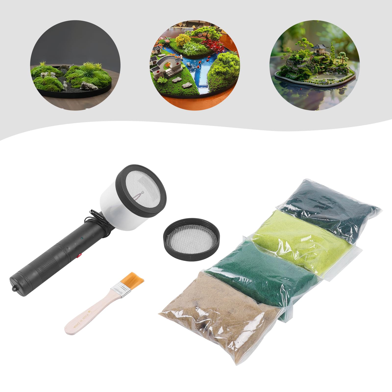 Set di attrezzi statici con 4 fibre d'erba e 2 setacci per modellismo | Dispositivo statico portatile con 2 setacci, 4 confezioni di fibre d'erba e pennelli per modellismo e diorami realistici.