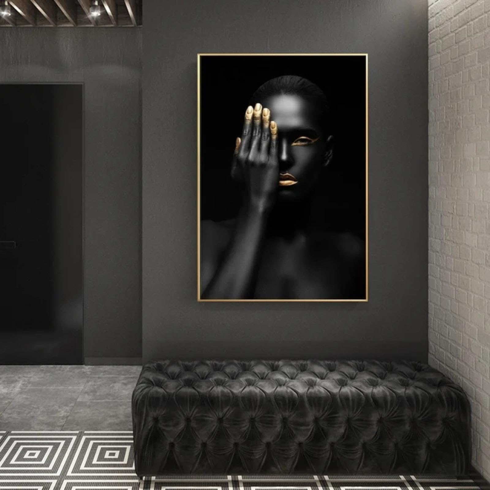 JACBON Porträt-Poster und Drucke, Wandkunst, Leinwandgemälde, dunkelhäutige Frau mit goldenem Make-up, Bilder für Wohnzimmerdekoration, 60 x 105 cm (24 x 41 Zoll), Innenrahmen
