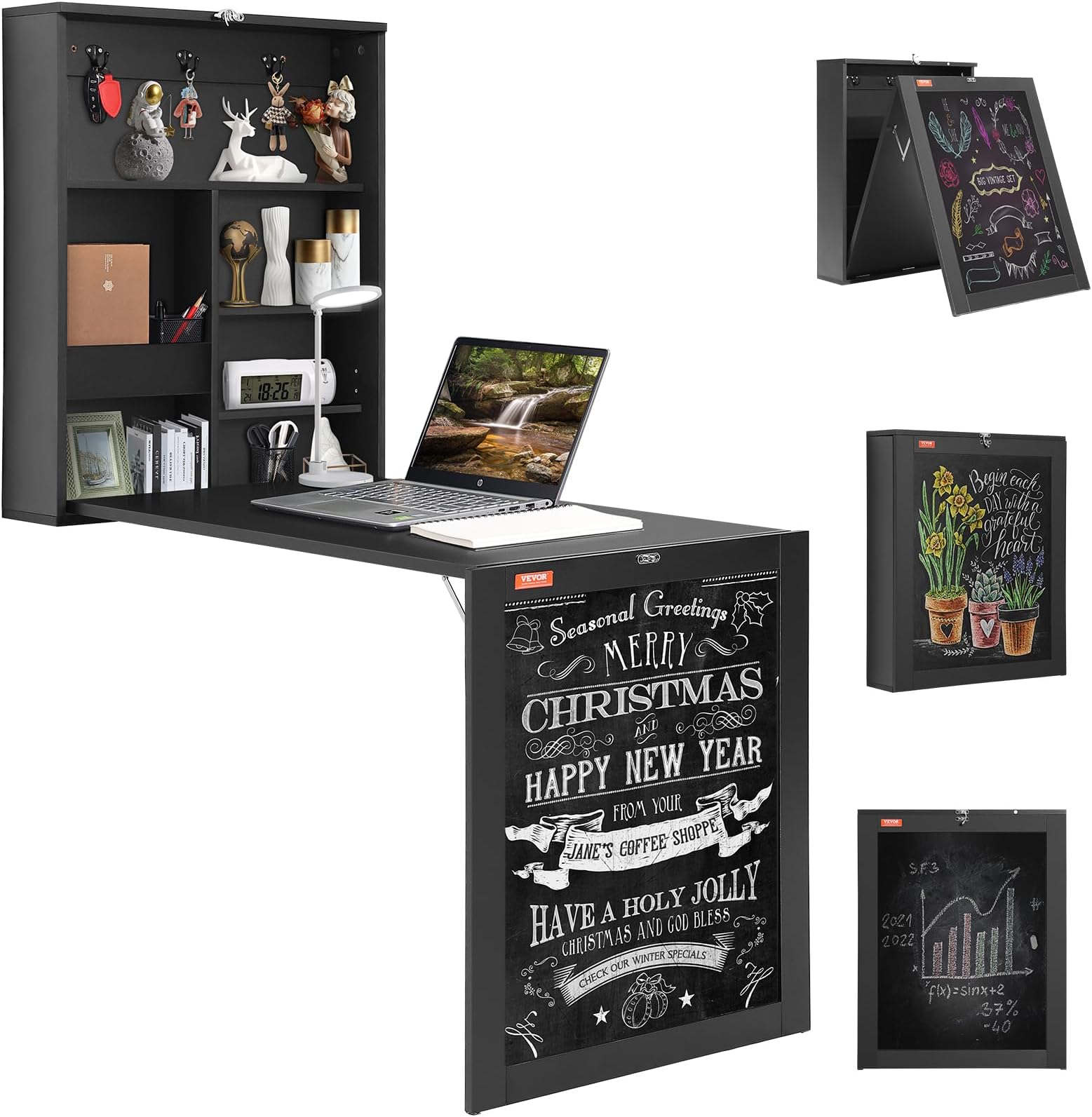 VEVOR Wall Mounted Desk, Fold Out Convertible Desk, Multi-Function Folding Wall Table with Chalkboard for Home Office, Space Saving Computer Table with Storage Area