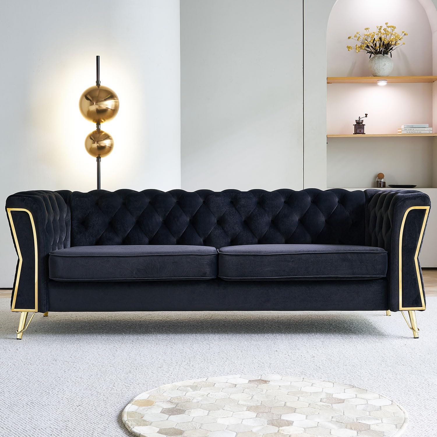 KEIKI 87" Chesterfield Velvet Button Tufted Sofa with High Density Foam Cushions, Modern 3-Seater Couch with Gold Strip Trim Decoration, Easy Assembly, for Apartment, Living Room, Office, Black
