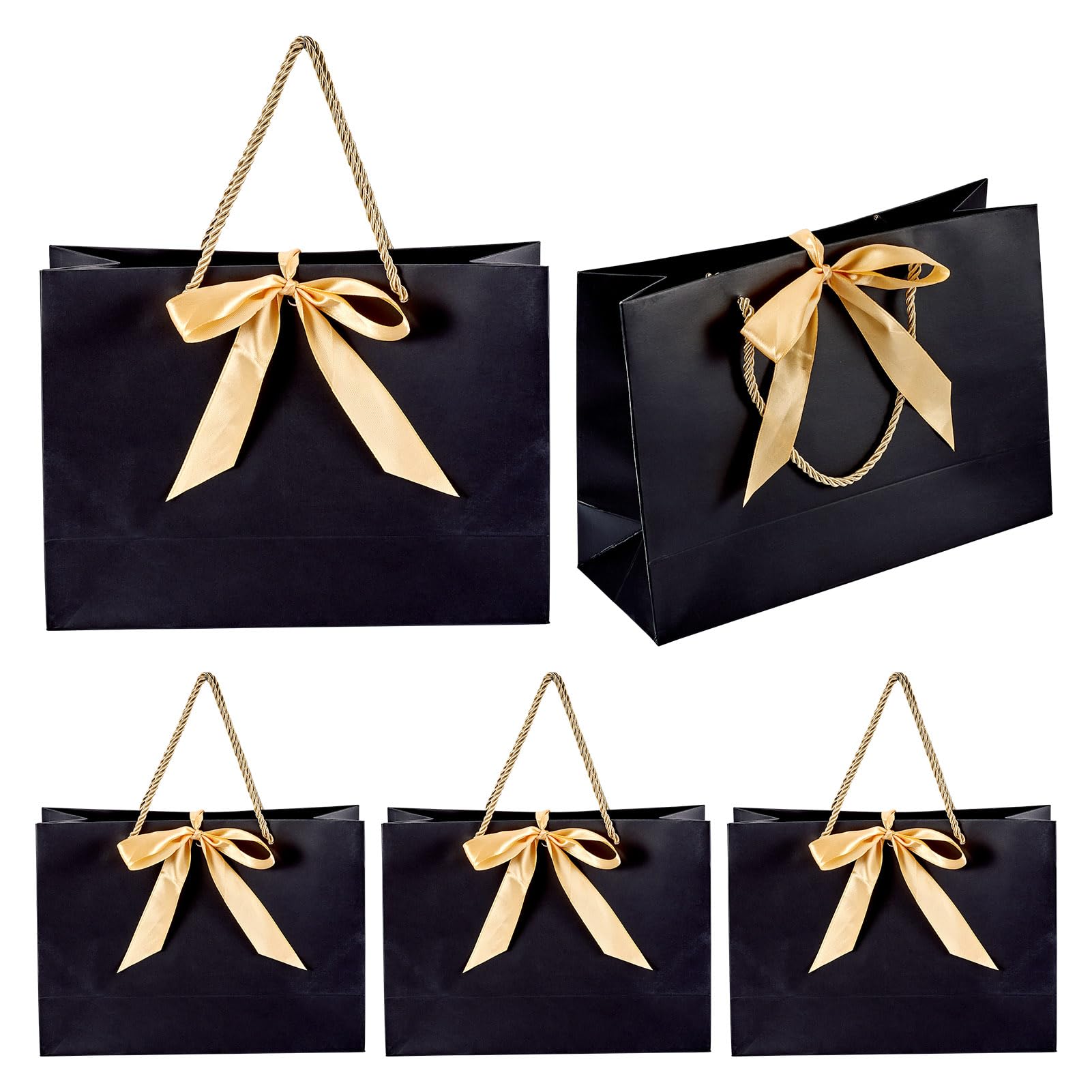 Crafans 6 Sets Rectangle Paper Present Bags with Handle Black with Ribbon Paper Shopping Bags 10x28x20 CM Portable Storage Bag for Party Favor Present Packing, Black — image 1