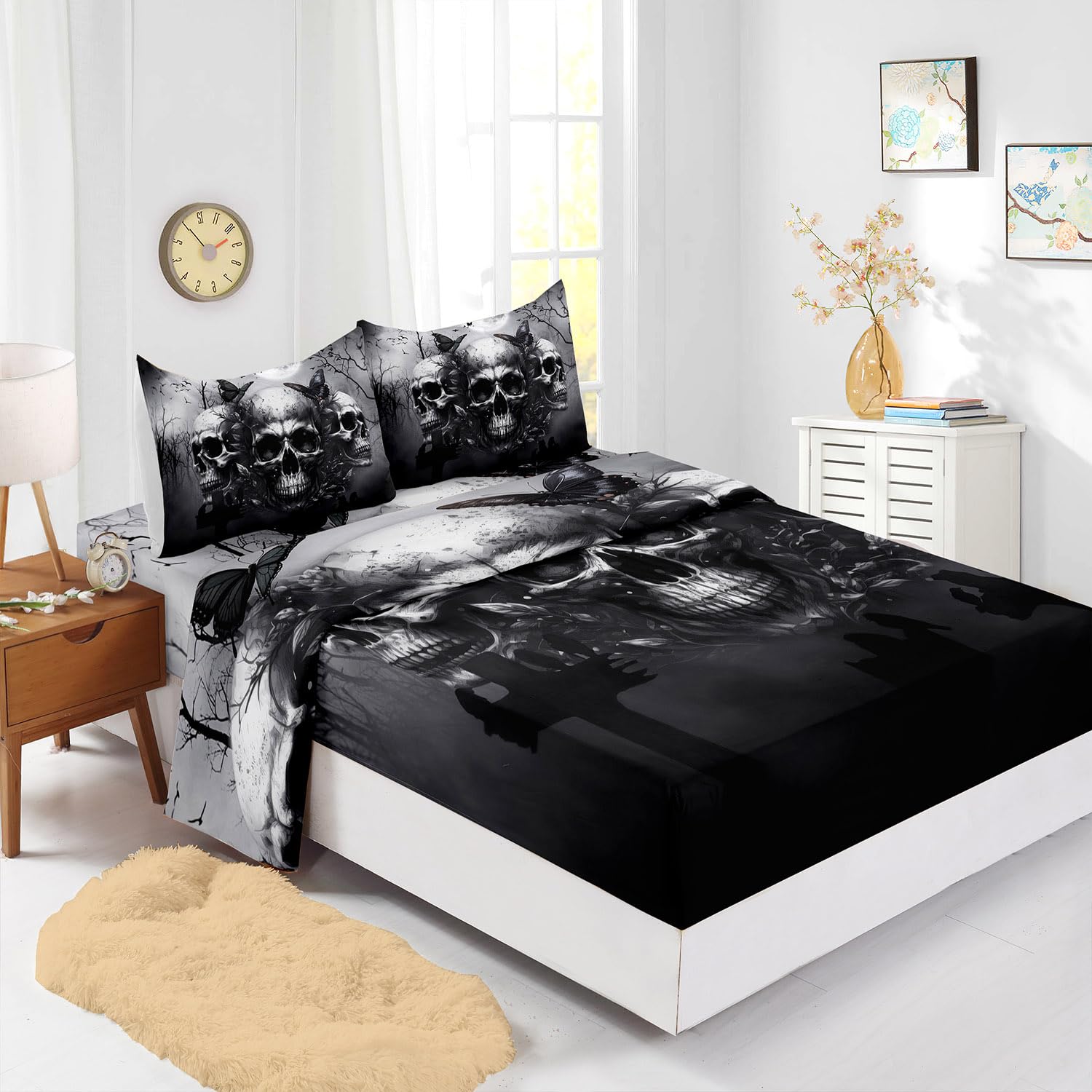 AILONEN Goth Skull Bedding Set King Size for Boys,Kids Black Skull Fitted Sheet + Flat Sheet + 2 Pillowcases,16