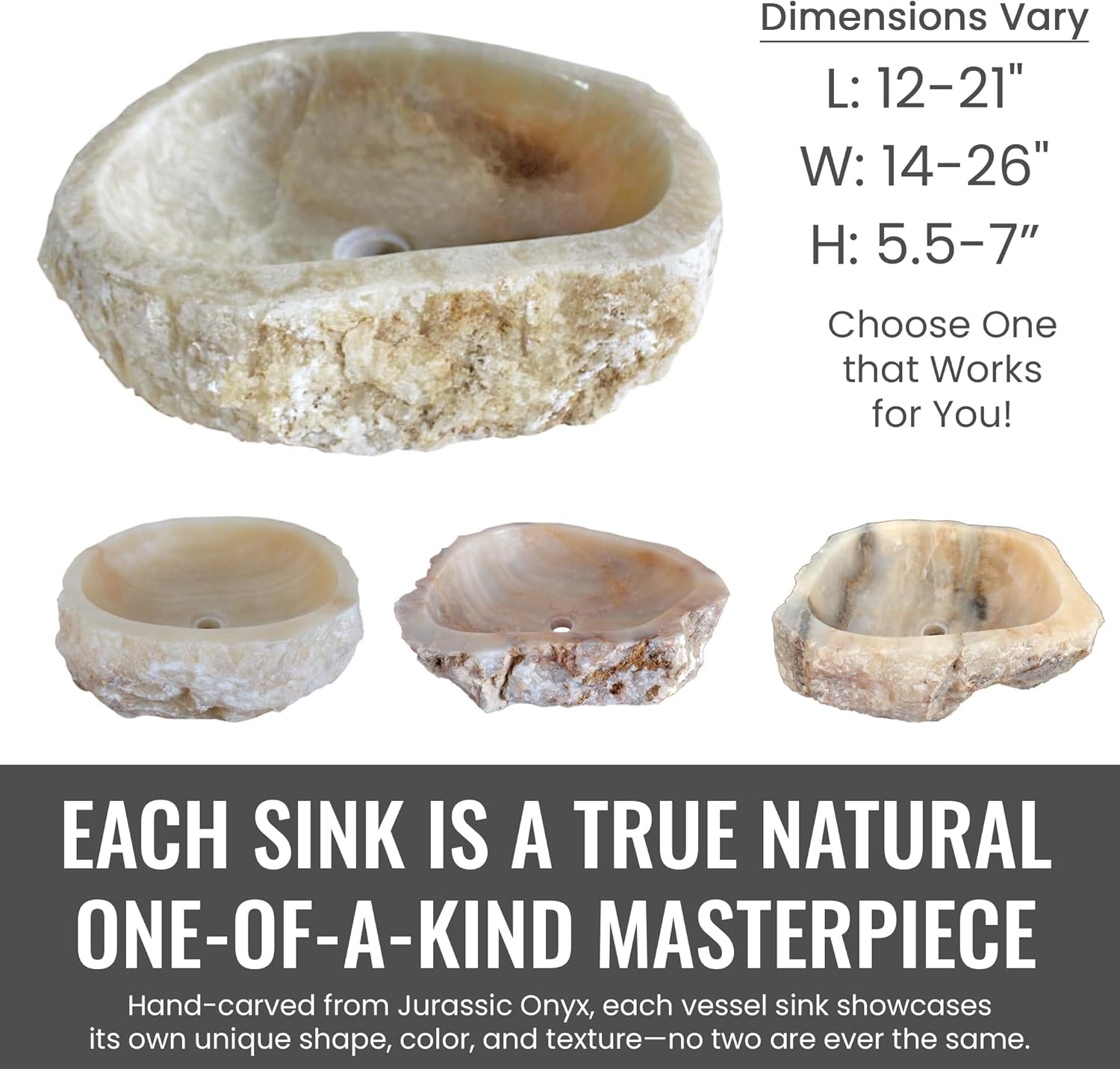 Eden Bath Jurassic Onyx Variable Shaped Vessel Sink, Polished Stone Basin with Natural Exterior