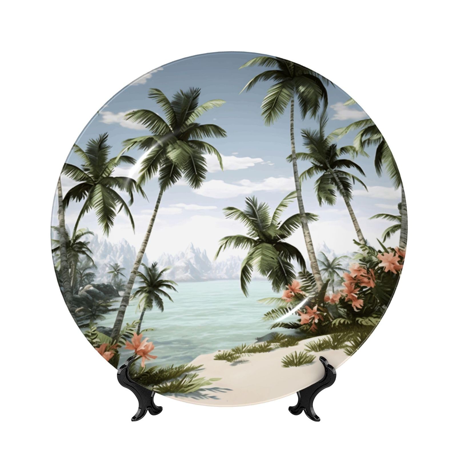 LZQPOEAS Bone China Decorative Plate with Display Stand, Tropical Palm Trees Ceramic Decorative Plate Personalized Ceramic Ornament Round Dinner