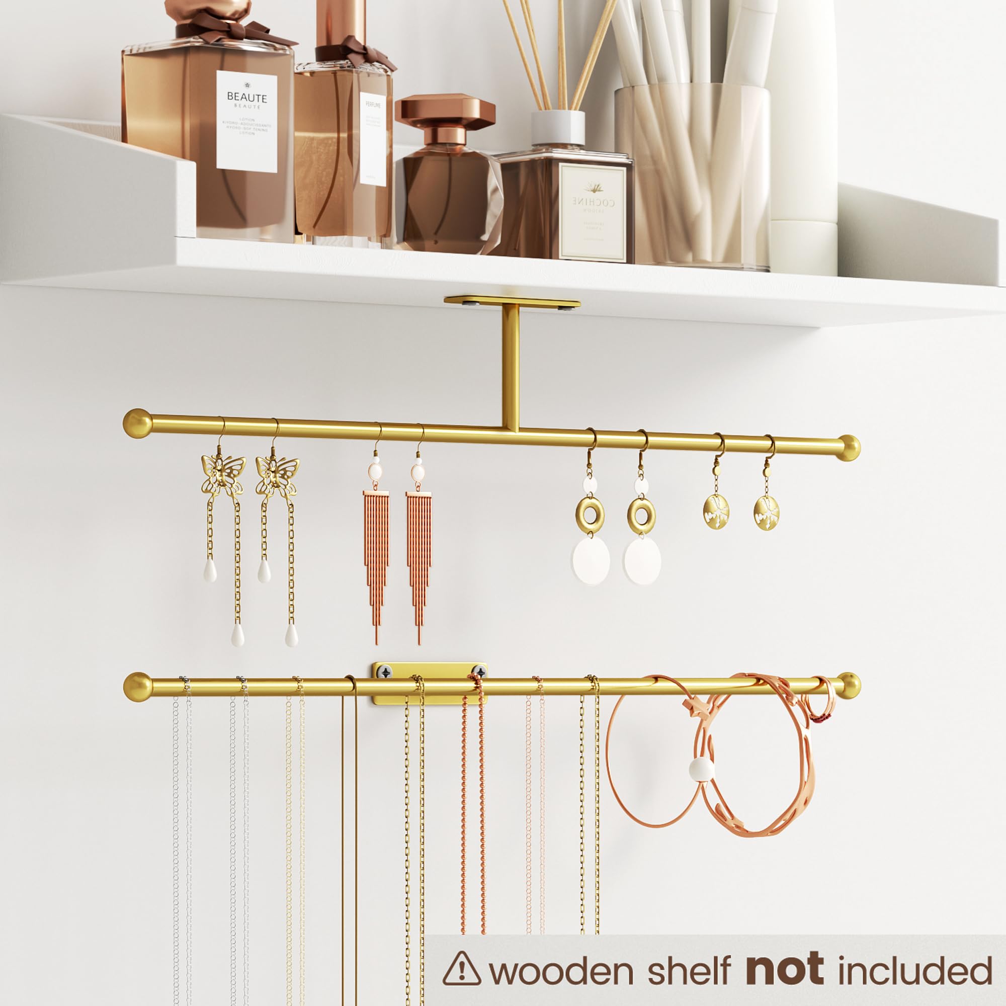 Josmimic Organisateur de bijoux mural : support de collier de 35 cm pour boucles d'oreilles, bracelets, bagues, bandeaux, lunettes, doré, lot de 2, vis incluses