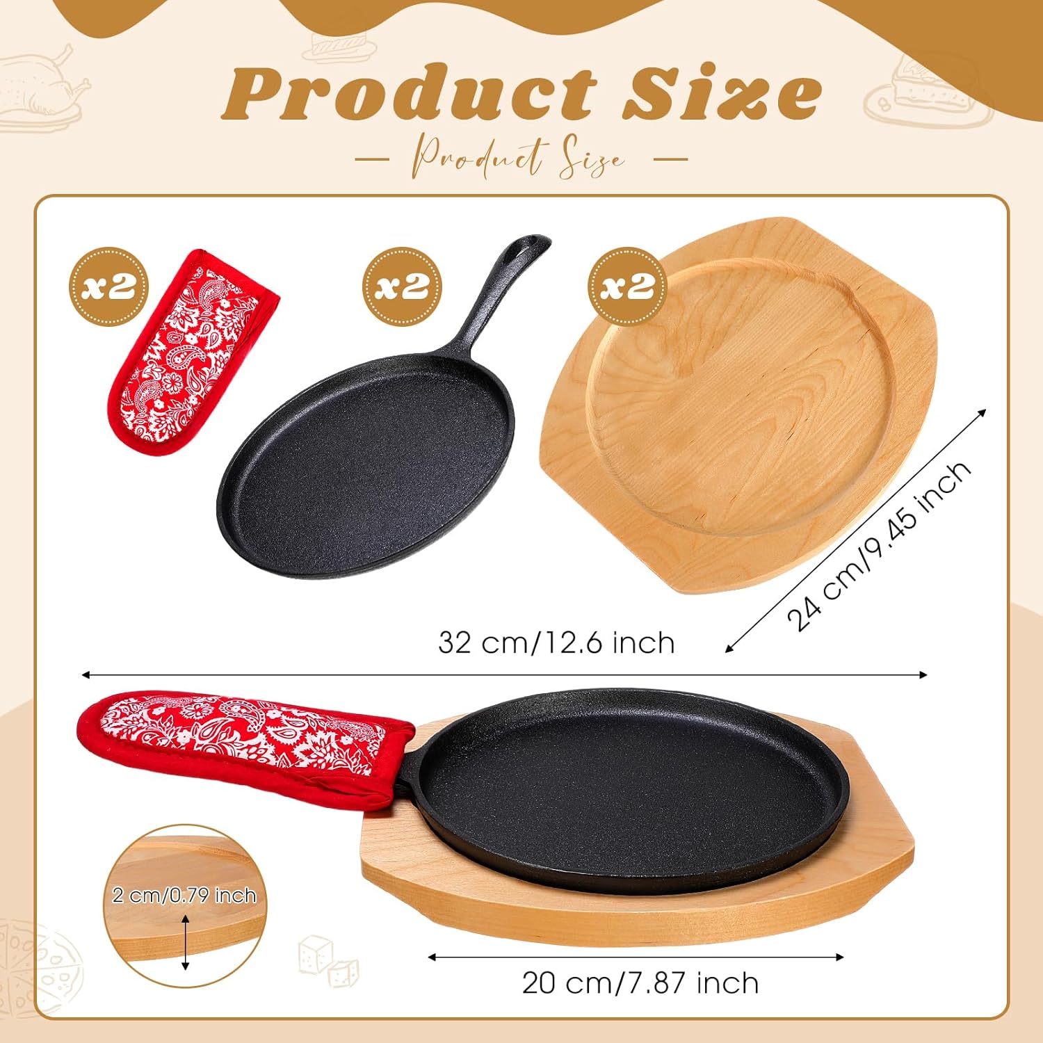 Mimorou 2 Sets Cast Iron Skillet Round Fajita Pan 7.87 Inch Fajita Plate Sizzler Pan with Wooden Base and Anti Scald Protection Hot Mitt for Kitchen BBQ Home Party Restaurant Catering Service