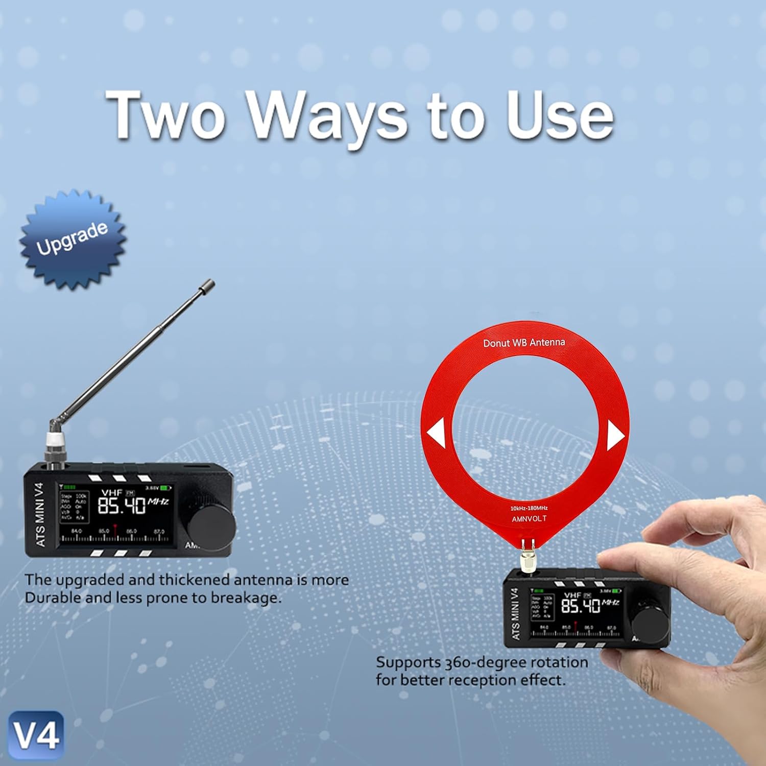 AMNVOLT V4 ATS MINI Portable Radio with 1.9-inch IPS Screen, AM FM LSB USB Transistor Receiver, Headphone Amplifier for Hiking & Camping