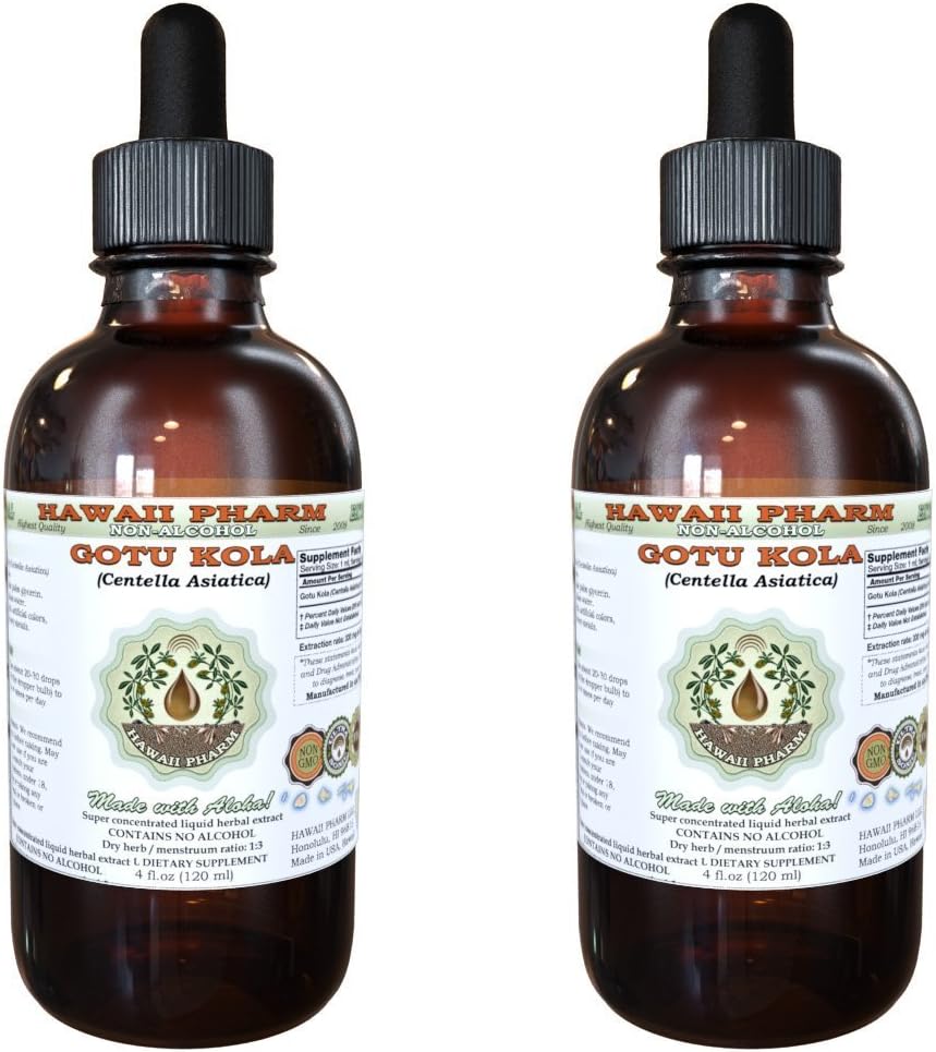 Hawaii Pharm Gotu Kola Alcohol-Free Liquid Extract, Gotu Kola (Centella Asiatica) Dried Leaf Glycerite Natural Herbal Supplement 2x4 oz