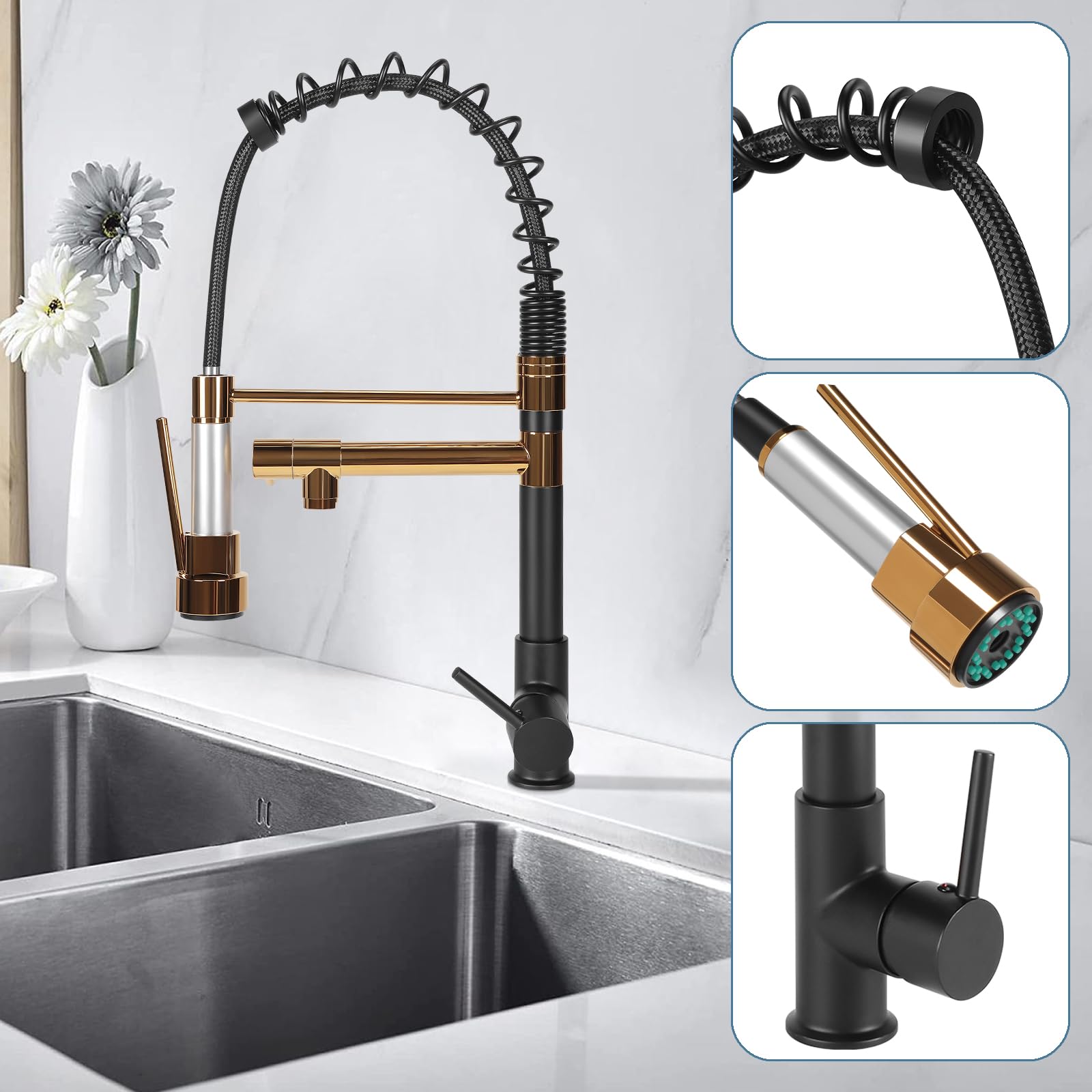 Robinet de cuisine avec douchette pivotante à 360°, avec ressort en spirale, couleur noir + jaune or