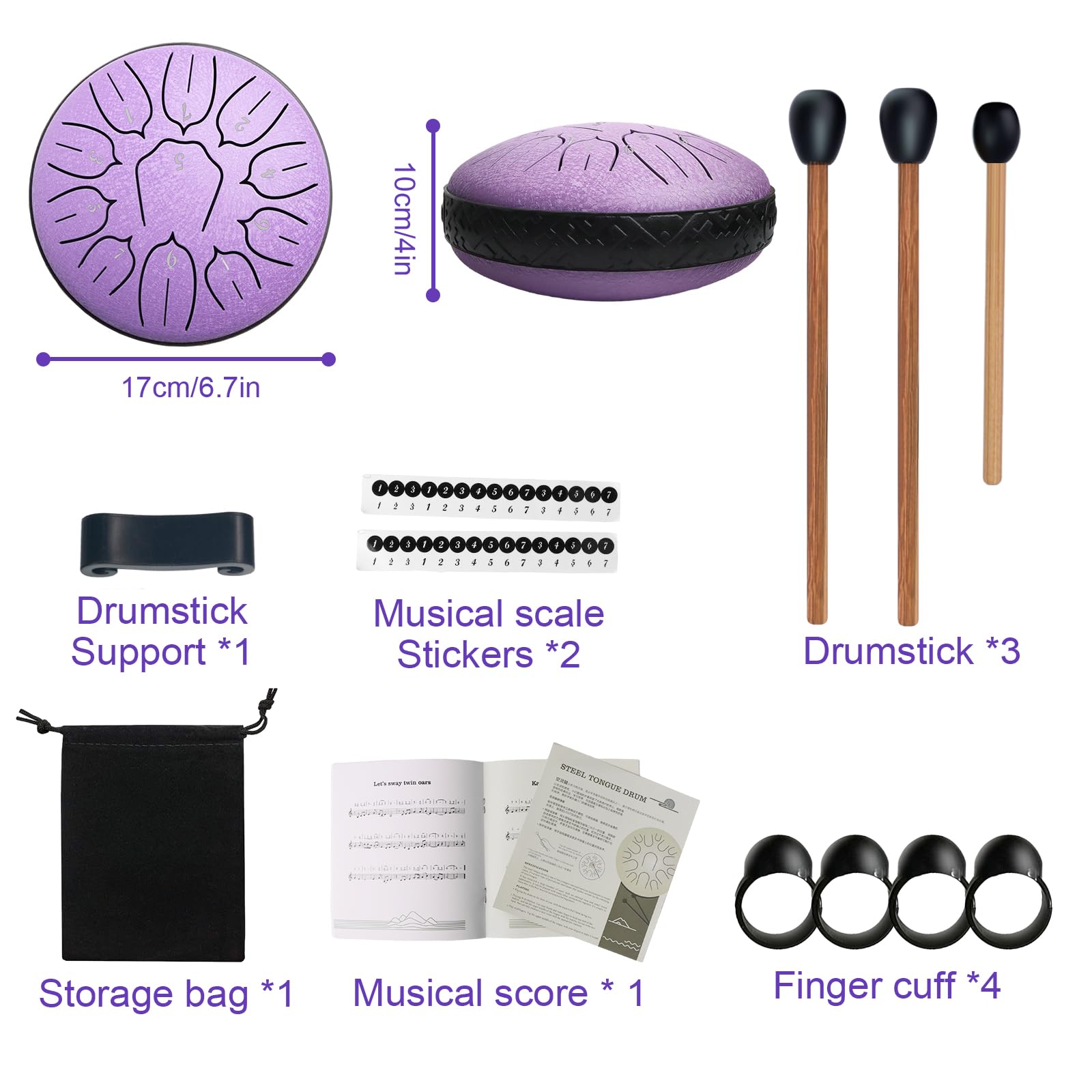 Stalen tong drum 11 noot 6 inch, C-toets hand pan drum percussie-instrument met mallet muziekboek voor volwassen kind muziekonderwijs yoga,Purper