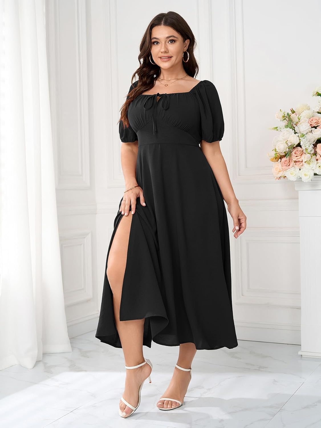 Women's Plus Size Summer Dress Short Sleeve Square Neck Milkmaid Dress Tie Front Split A-Line Maxi Long Dresses - Image 5
