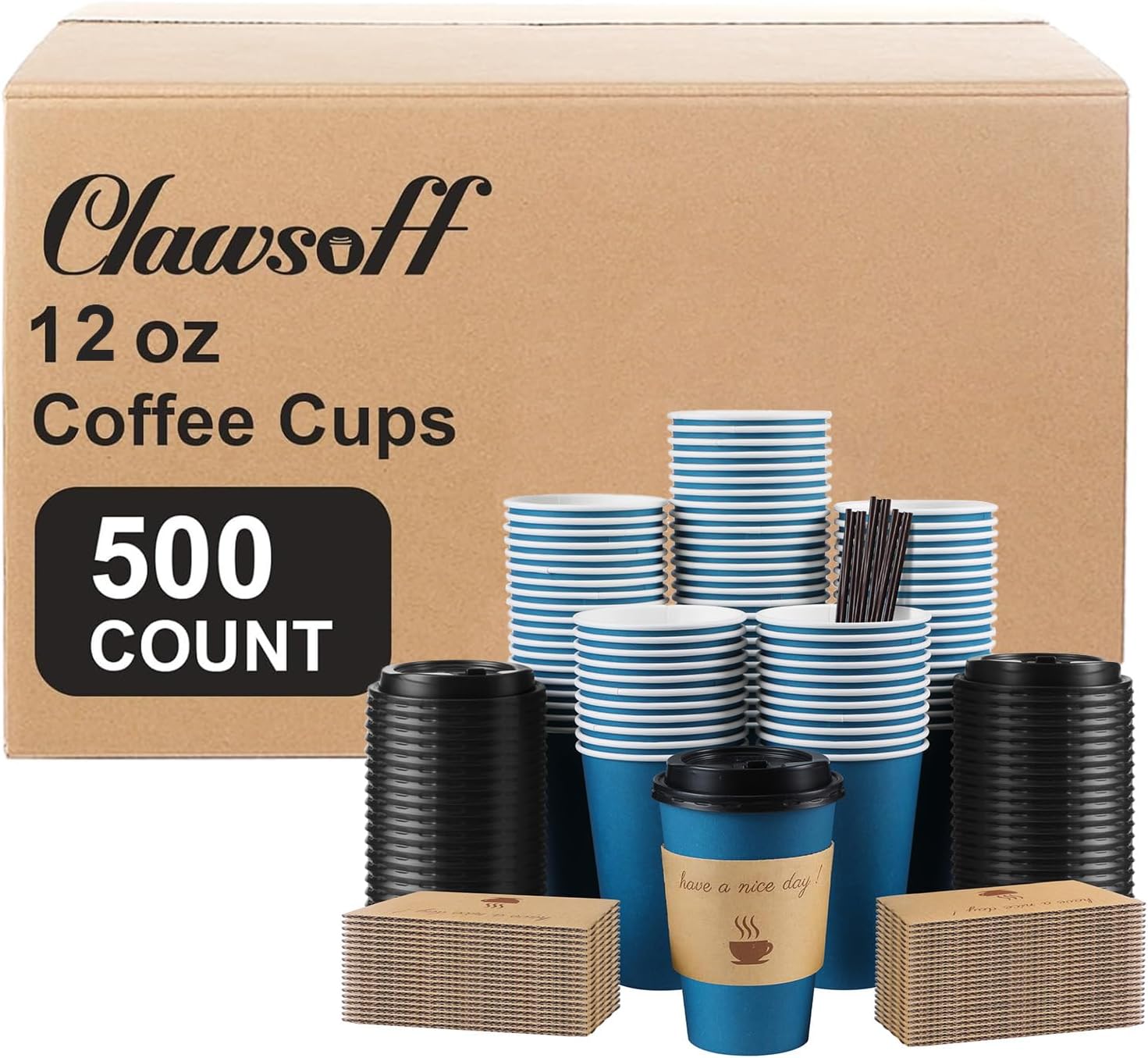 500 Pack 12 oz Coffee Cups with Lids, Disposable To Go Paper Coffee Cups with Sleeves and Stirring Sticks for Hot/Cold Drinks Office Home Shop Event (Navy)