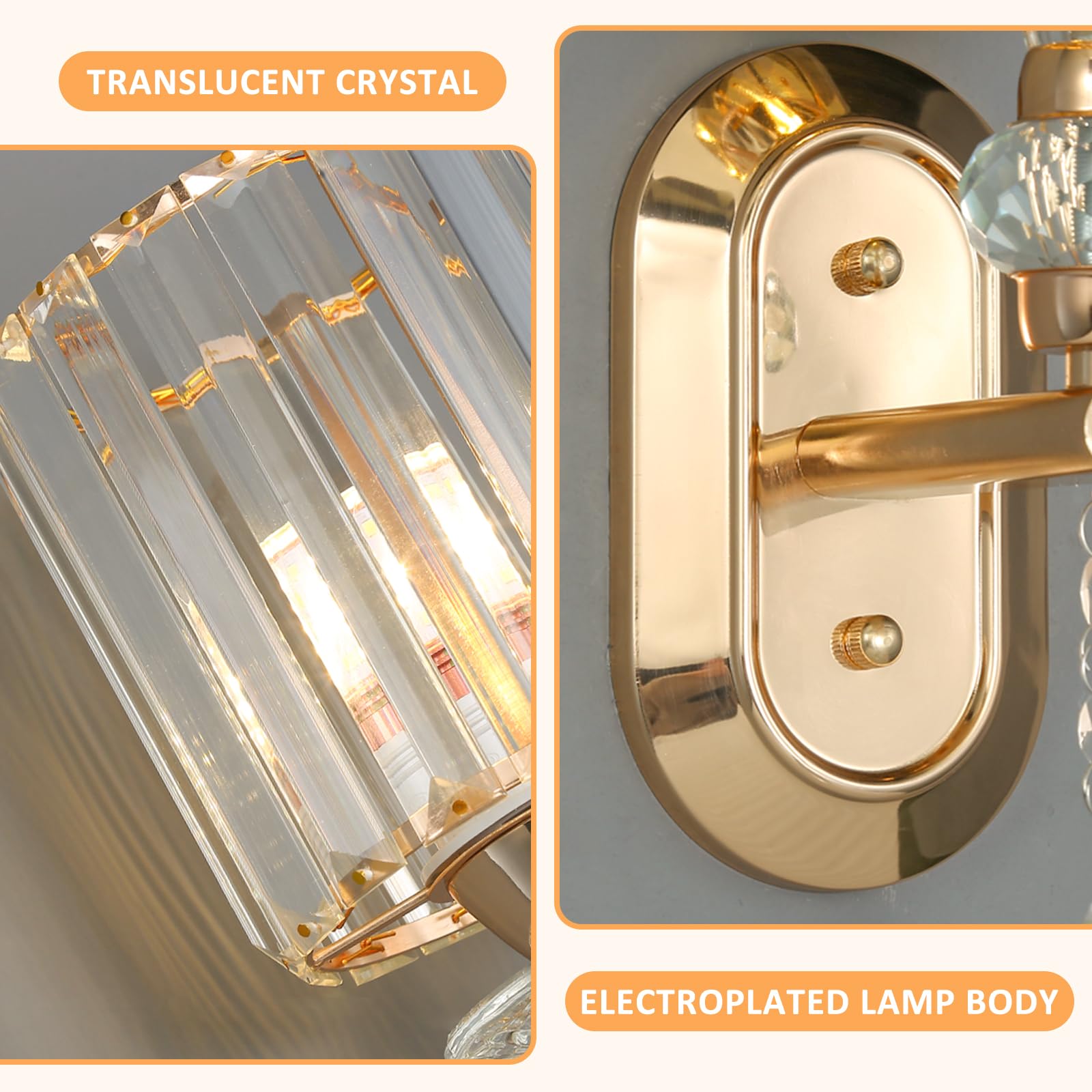 zhxinashu Crystal Gold Wall Light Sconce, E27 Indoor Retro Wall Mounted Lamp - Image 2
