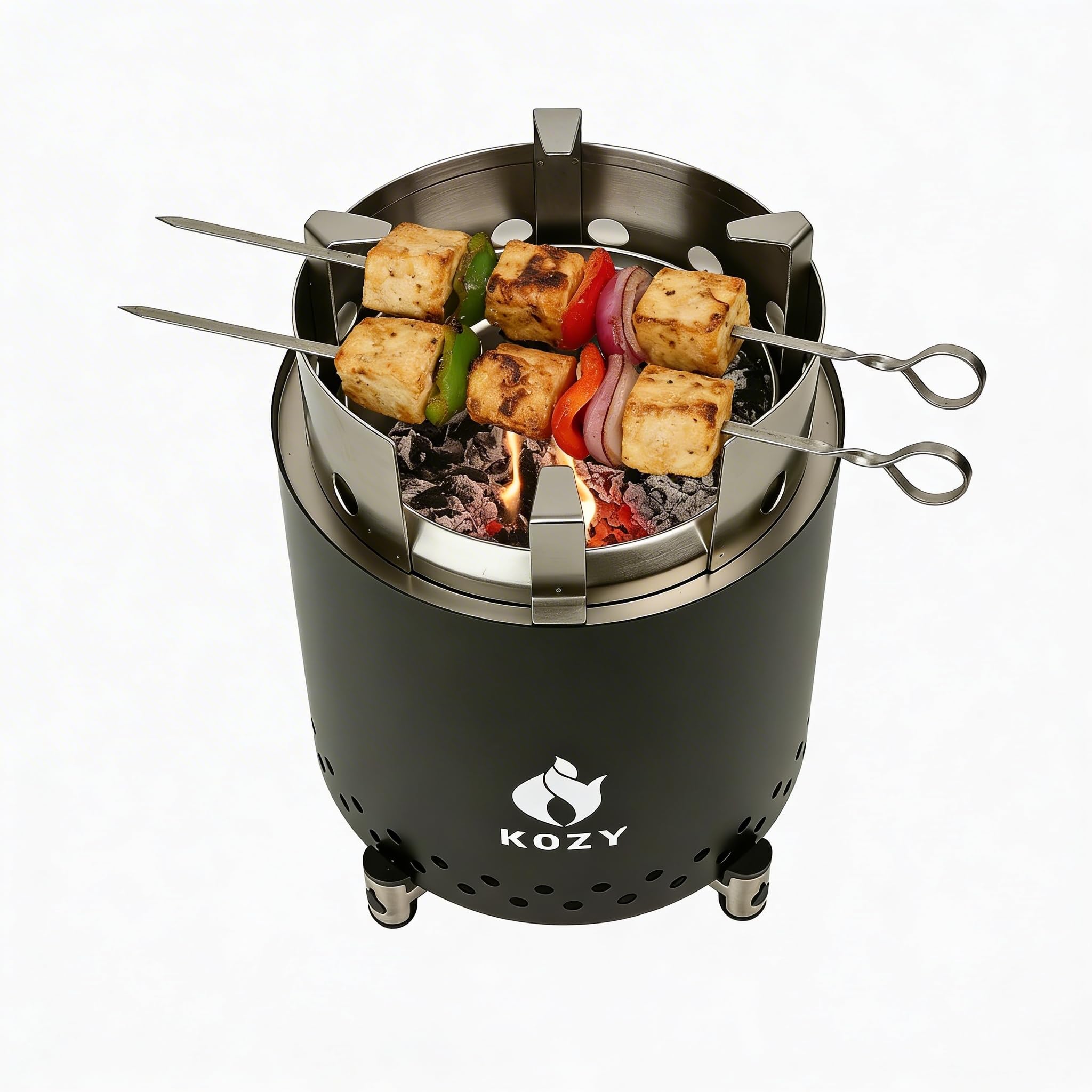 KOZY Ember 7” Smokeless Fire Pit Bundle | Compact 304 Stainless Steel BBQ Grill & Bonfire Set with 360° Airflow | Portable Wood Burning Firepit with All-Weather Carry Bag for Balcony Patio & Camping