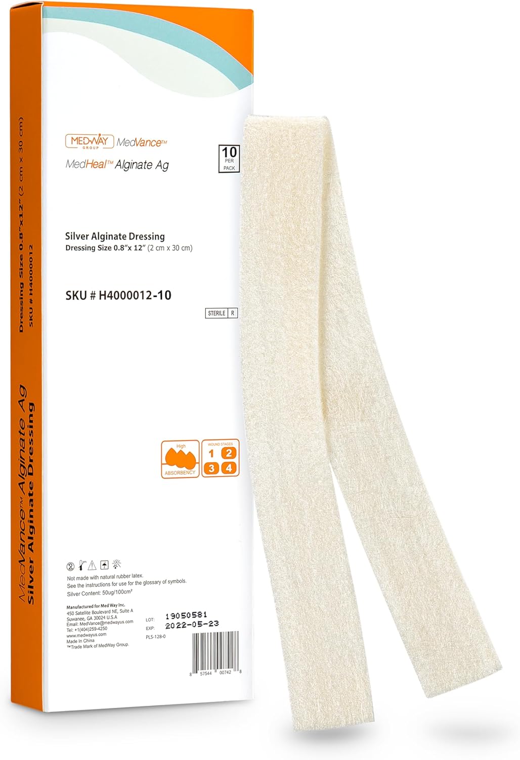 Silver Calcium Alginate Ag Sterile Highly Absorbent Antibacterial Dressing, 0.8"x12", 10 Pack