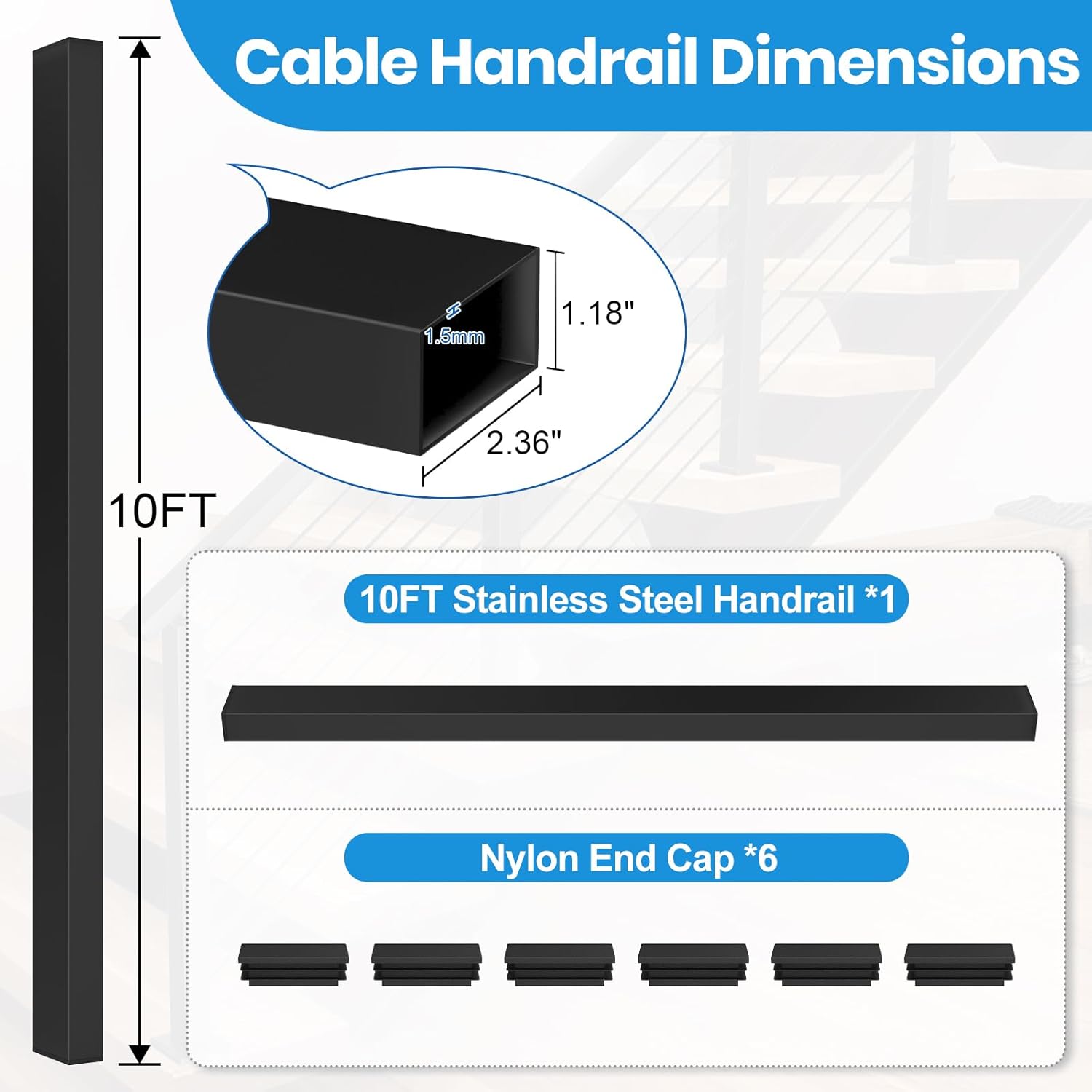 10ft rectangular cable railing handrail, black stainless steel handrail with nylon end caps for deck stair railing system, 10' flat top cuttable deck cable rail post system, rg01-h 10ft handrail 1