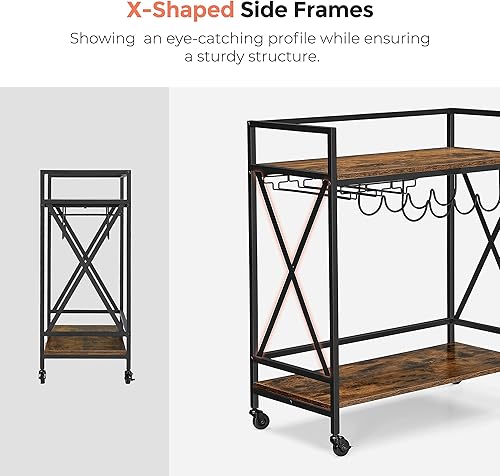 Miniatura 7 de VASAGLE Carrito de bar carrito de servir estante de cocina móvil con estante de vidrio para vasos y soportes para botellas de vino industrial marrón