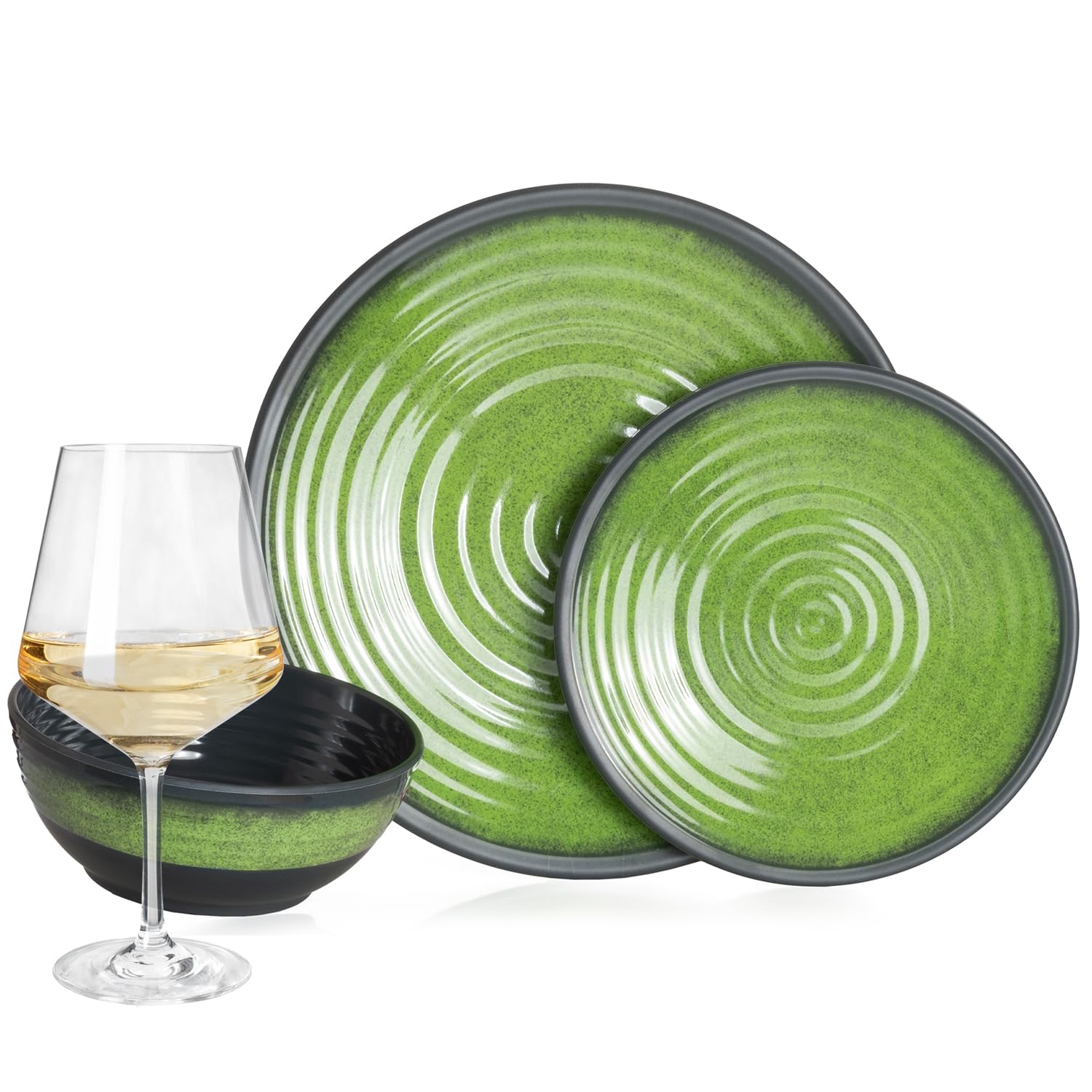 Vajilla de melamina para camping, 4 personas, color verde piedra + 4 copas de vino blanco Milano