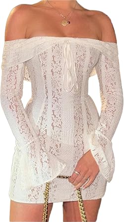 Women Off Shoulder Lace Mini Dress Y2K See Through Floral Lace Ruched Short Dress Long Sleeve Slim Mesh Dresses