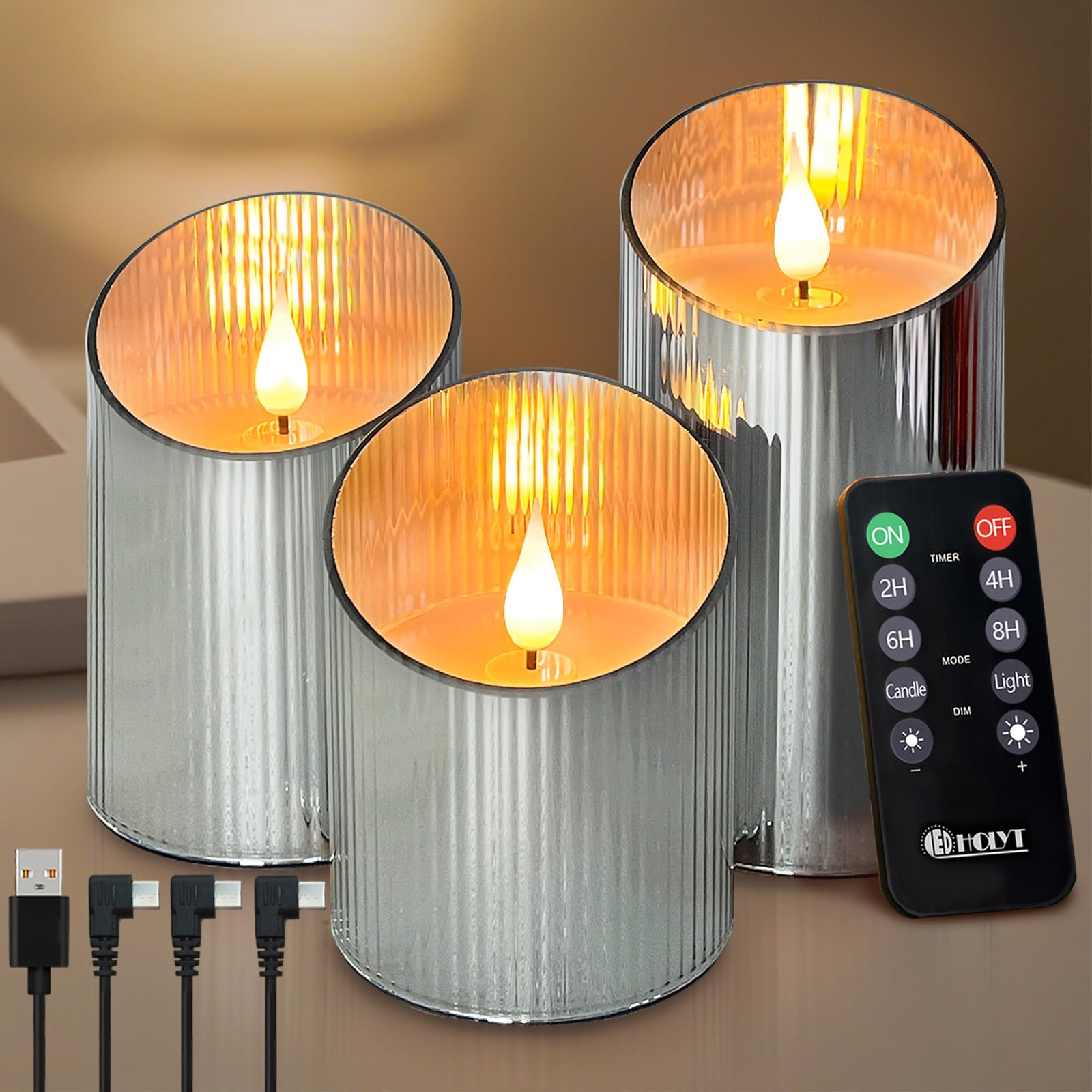 LEDHOLYT Set di 3 candele ricaricabili senza fiamma, con LED tremolante, in vetro, con telecomando e timer, batteria incorporata, candela elettronica in vera cera per decorazione della stanza