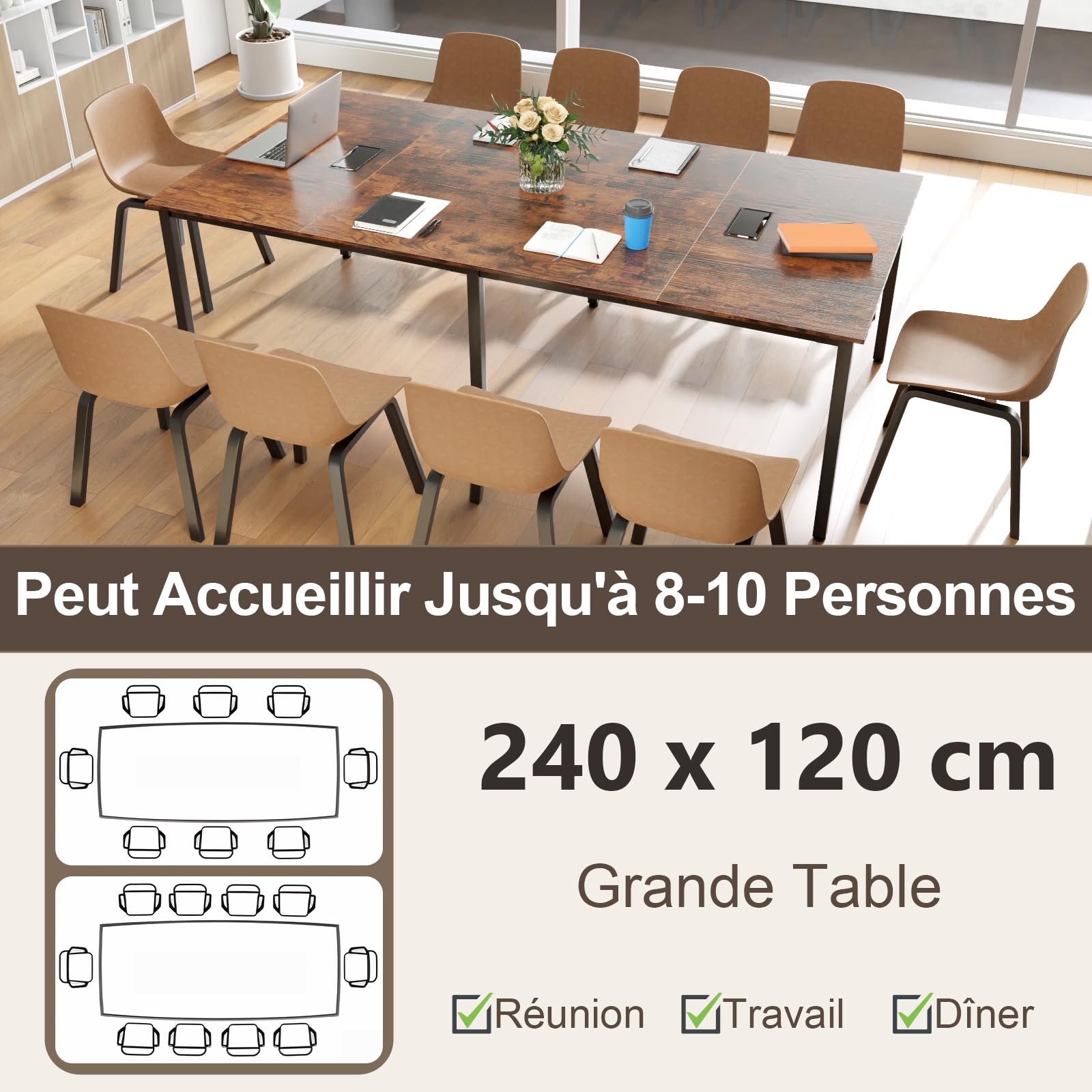 COSTWAY Table de Conférence pour 10 Personnes, Grande Table de Réunion, 2 Passe-câbles, Bureau de Séminaire Rectangulaire, Mobilier de Formation pour Bureau, Salle de Réunion, Marron Rustique