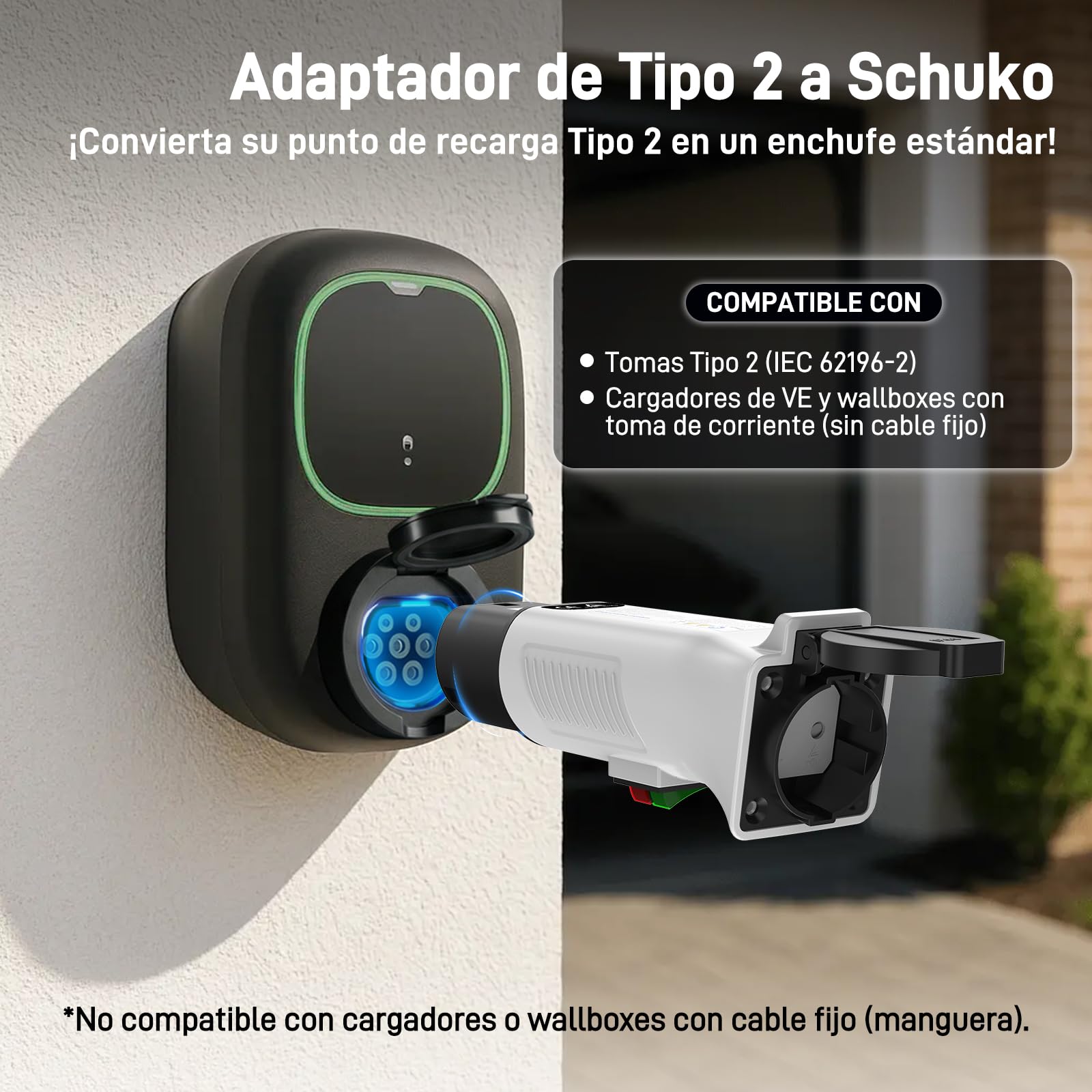 Adaptador Tipo 2 a Schuko para Estaciones de Carga & Wallbox (230V, 16A, 3.68kW, IP44) | Enchufe Tipo 2 a Toma Schuko para E-Bike, Patinete, Moto, Silla Eléctrica y Micro-EV (No para V2L)