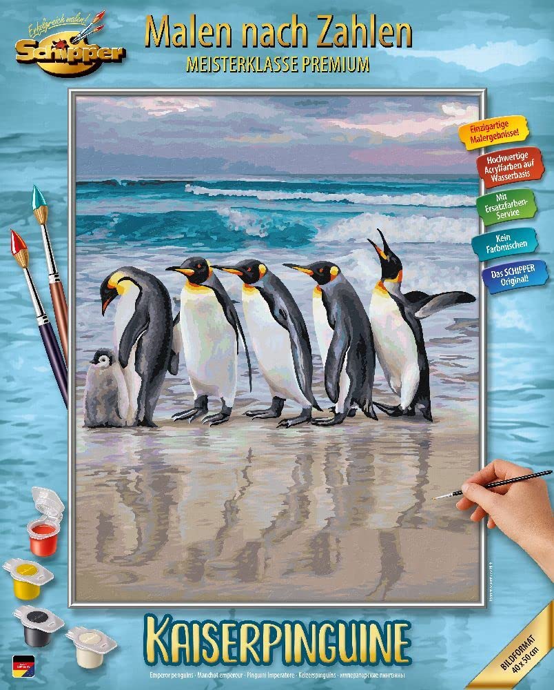 Schipper 609130887 Malowanie według numerów – pingwiny cesarskie – obrazy dla dorosłych, łącznie z pędzlem i farbami akrylowymi, 40 x 50 cm