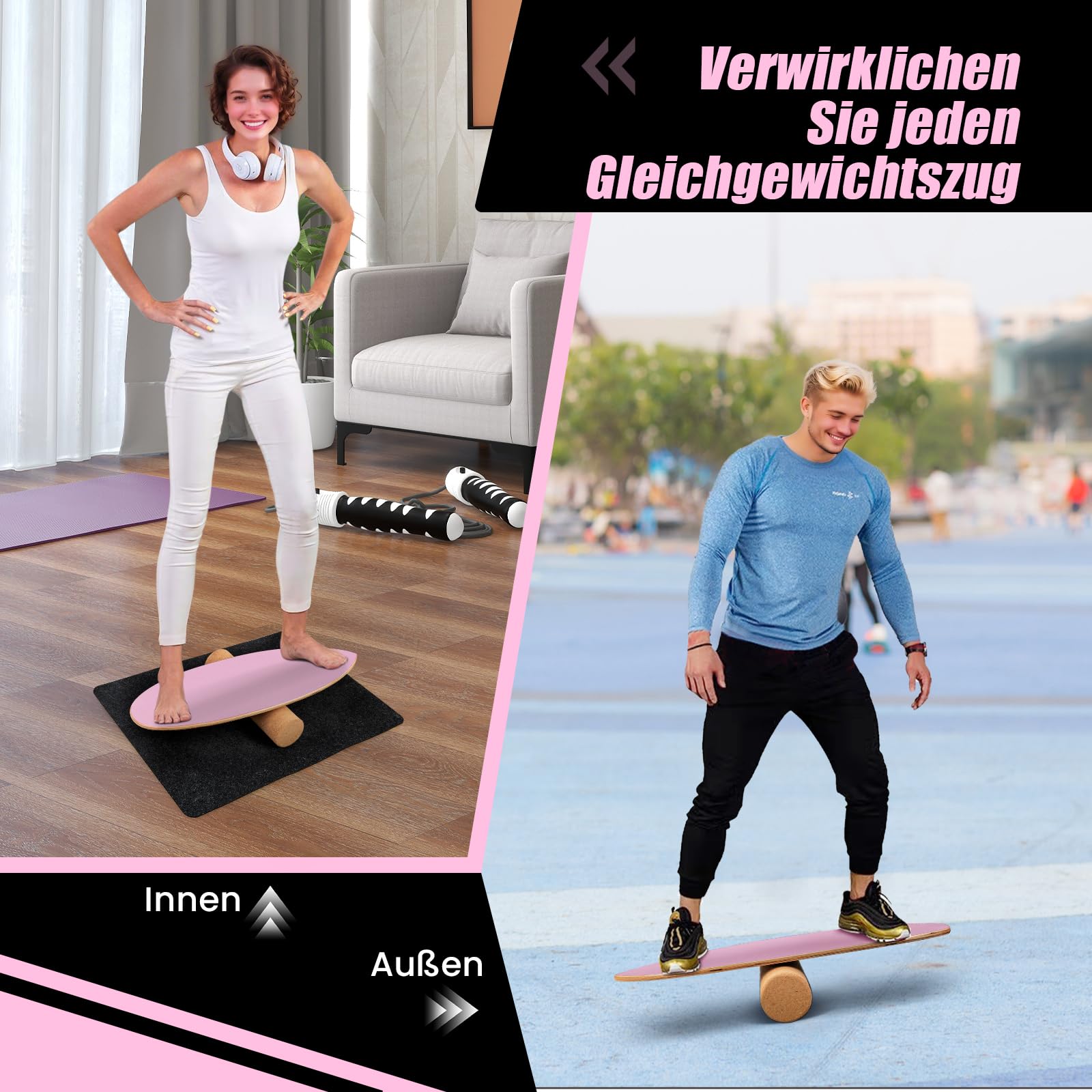 GOPLUS Balance Board Holz rutschfest, Indoor Surfboard Trickboard mit Rolle, Gleichgewichtsboard für Erwachsene, Balance Trainer Wackelbrett für Fitness Zuhause