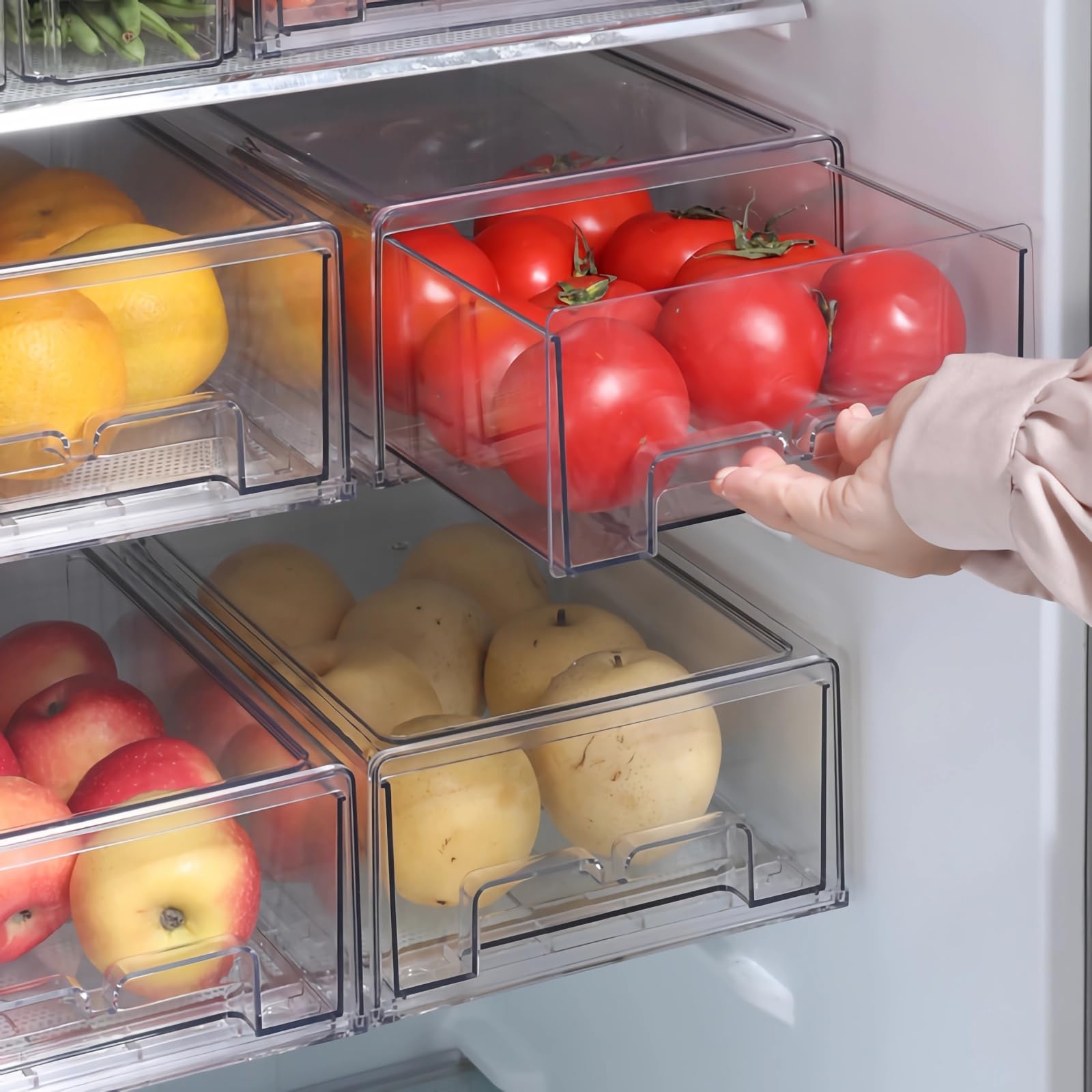 Taiuloo Paquete de 2 cajones de refrigerador, contenedores organizadores transparentes para refrigerador con cajón extraíble, contenedores de almacenamiento de alimentos sin BPA, caja de