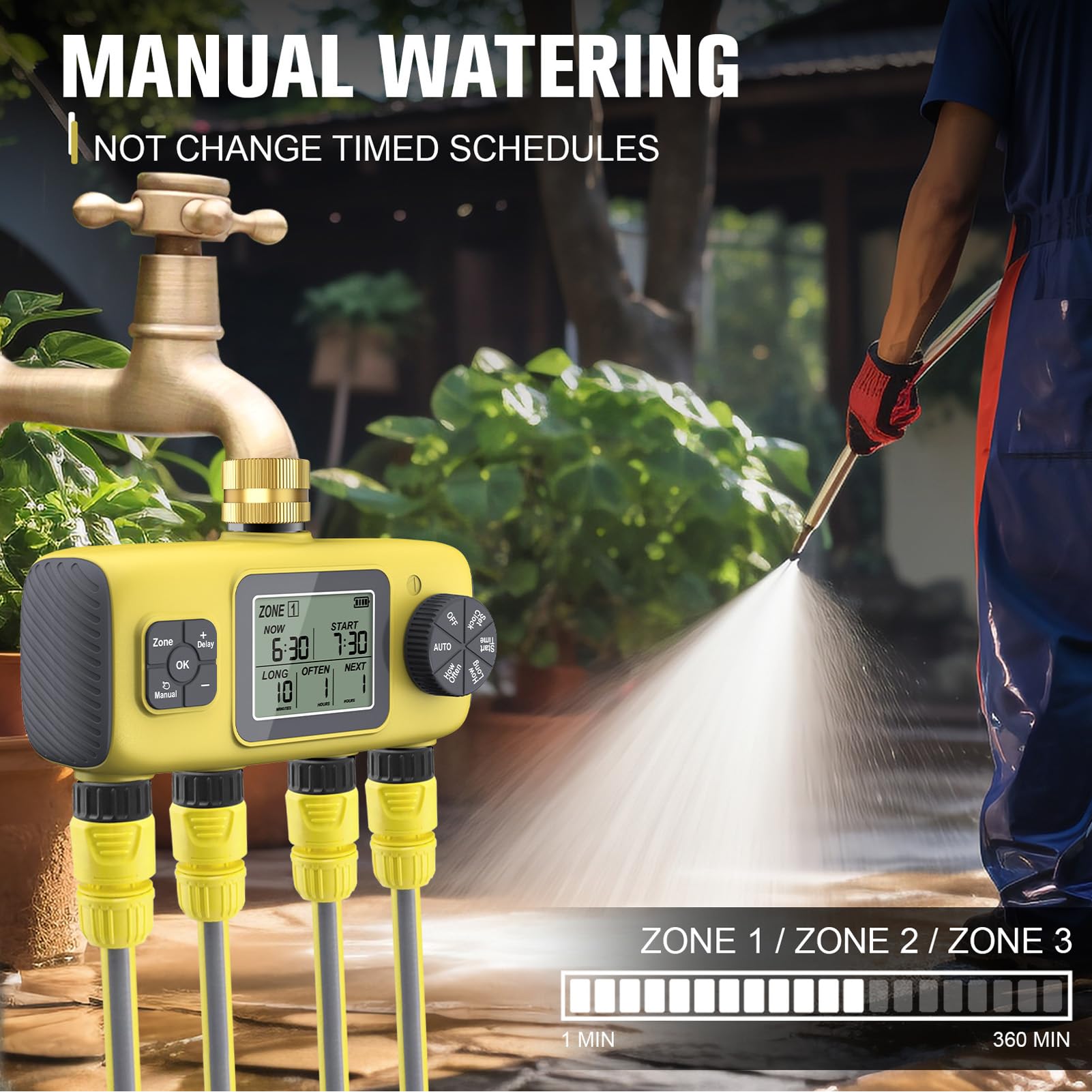 Hyuduo Timer di Irrigazione, Controller di Irrigazione 4 Zone Programmabili in Ottone 3/4 Pollici in Modo, Timer di Irrigatore IPX5, Timer di Irrigazione Programmabile del di