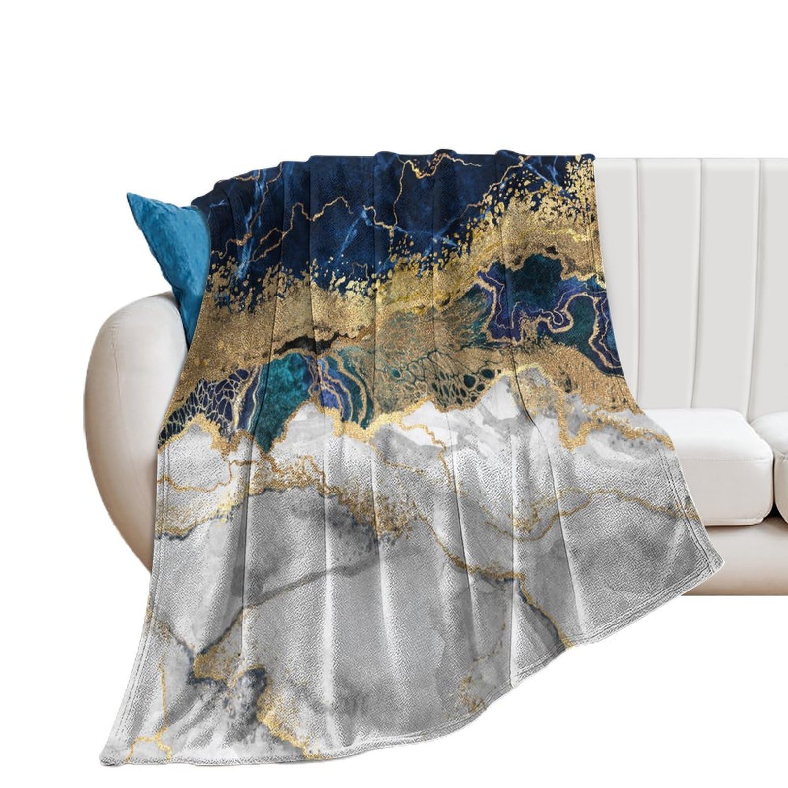 Coalho Luxury Marble Blankets Super Soft Flannel Throw Abstract Modern Art Gold Foil Cracked Texture Navy Blue Marble Throw Soft Cozy Bedding Bedroom Blanket-150W×200L Cm